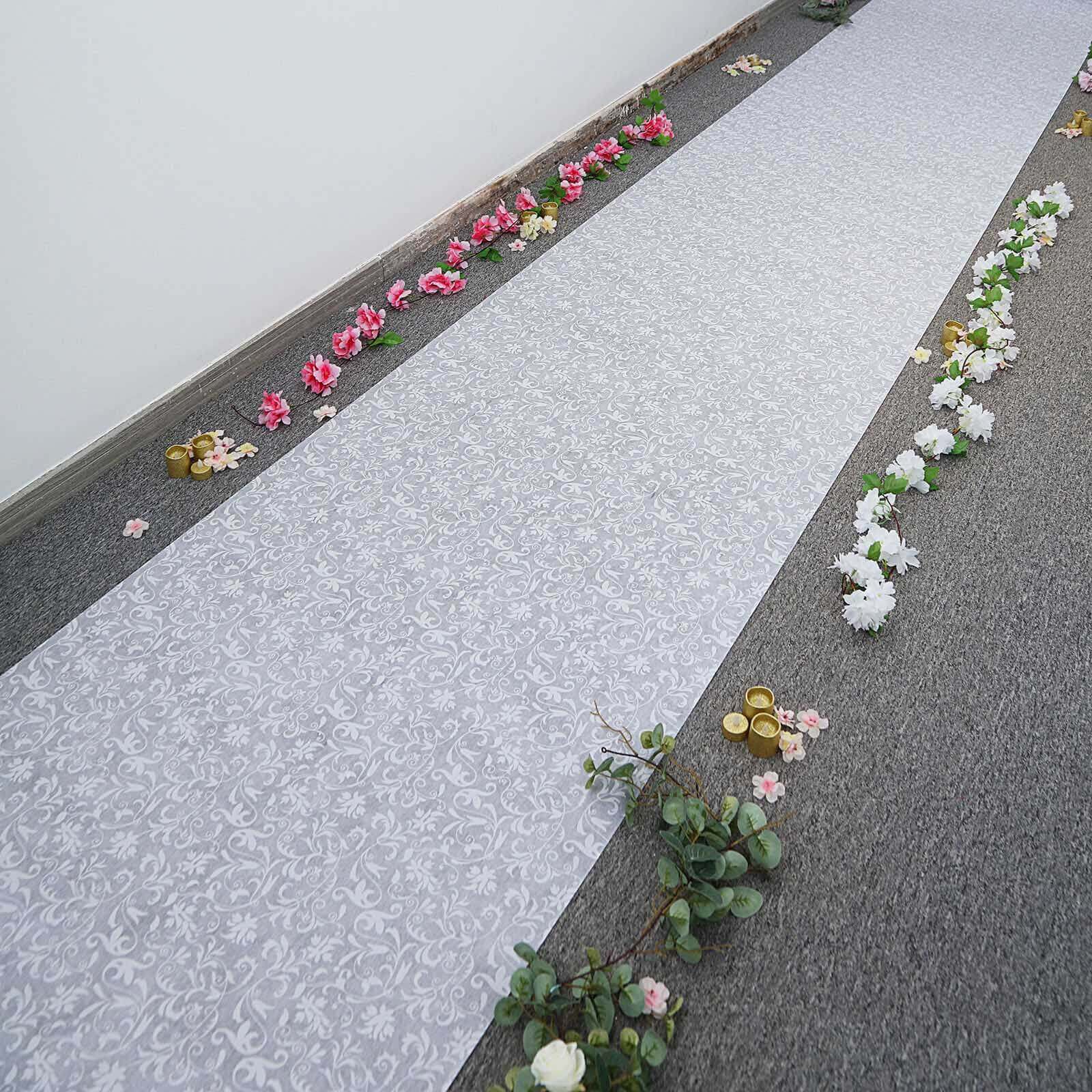 36"x100ft White Floral Lace Aisle Runner