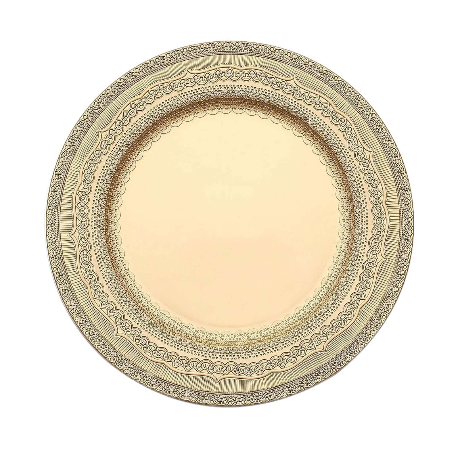 6-Pack Acrylic Round Charger Plates 13" in Gold with Lace Embossed Rim, Rustic Plastic Decorative Charger Tableware