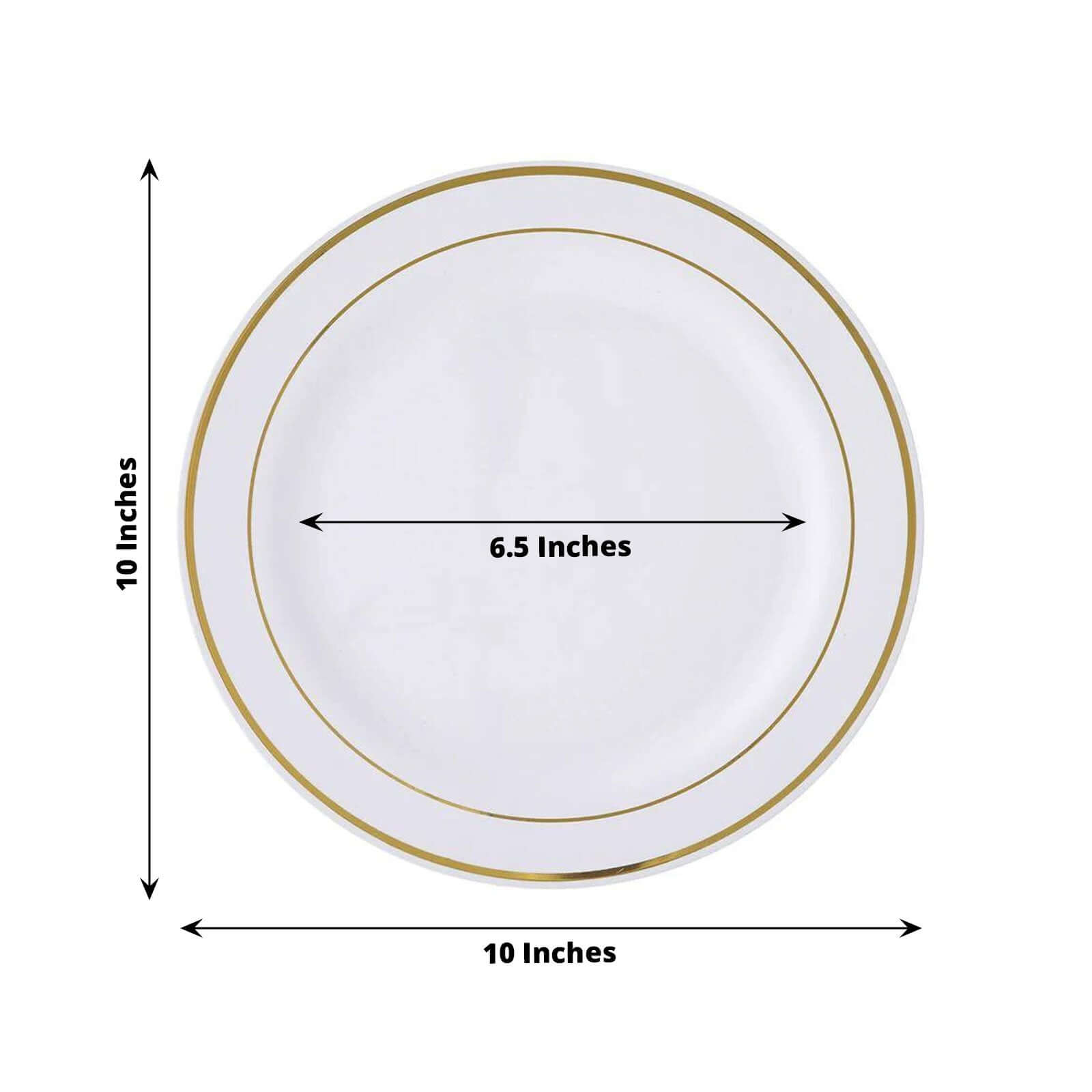 10-Pack Plastic Dinner Plates White with Très Chic Gold Rim - Perfect Disposable Party Plates 10"