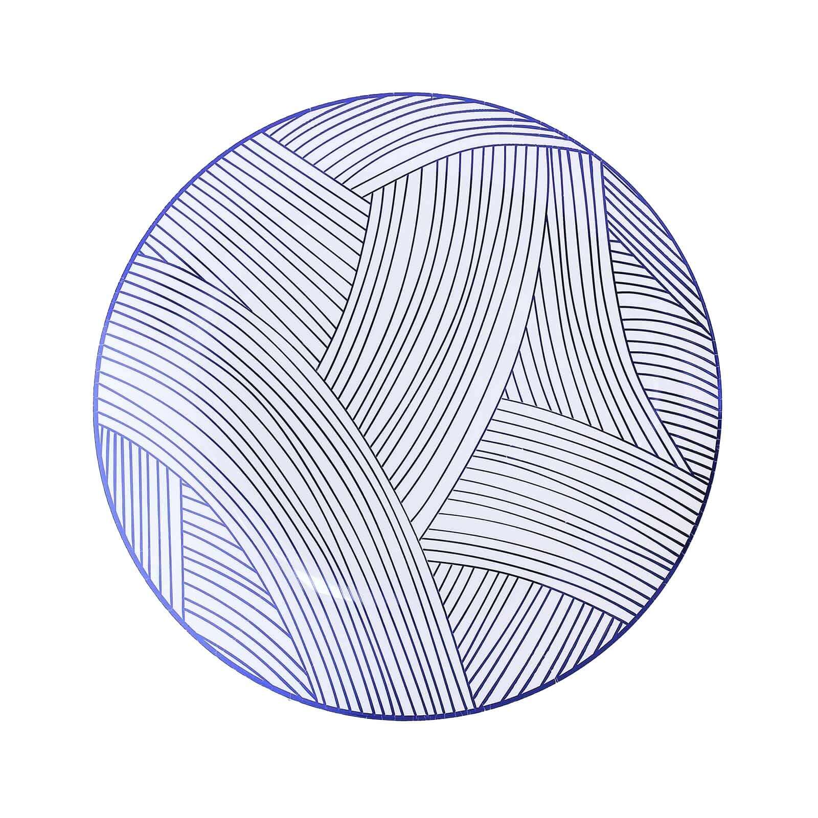 10-Pack Plastic 10" Round Dinner Plates in White with Blue Wave Brush Strokes Pattern - Disposable Party Plates