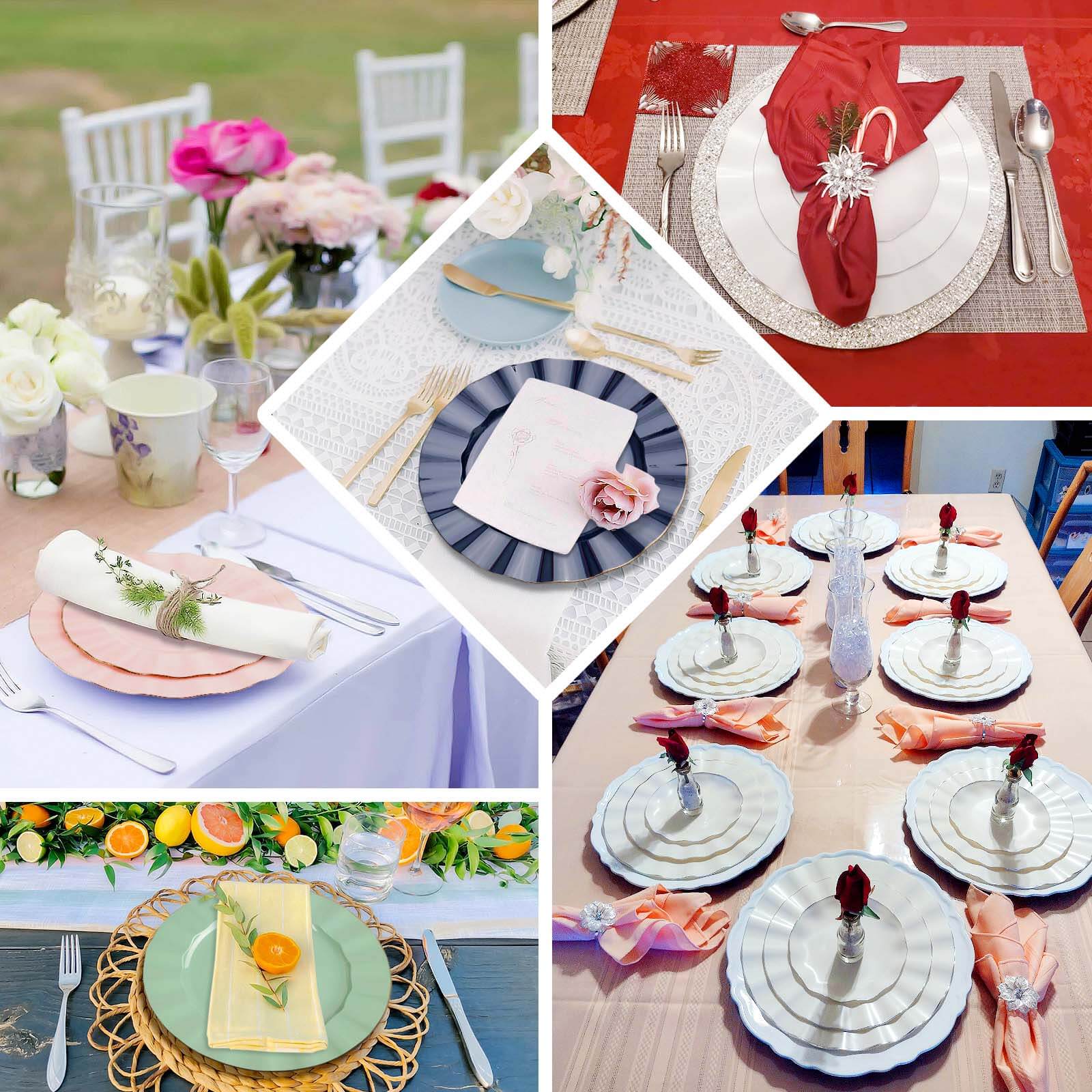 10-Pack Plastic 11" Round Dinner Plates in Cinnamon Brown Ruffled Rim with Gold Edging - Sturdy Disposable Dinnerware