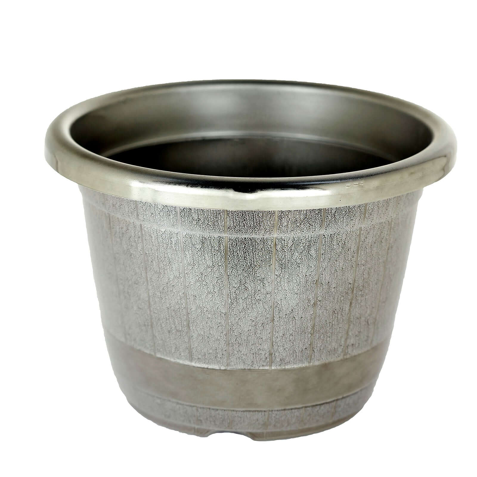 14" Silver Chrome Finished Rim Large Barrel Planter Pot, Indoor Outdoor Decorative Flower Pot