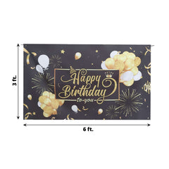 6ftx3ft Black Gold Happy Birthday Photo Booth Backdrop Decoration, Large Polyester Background Banner