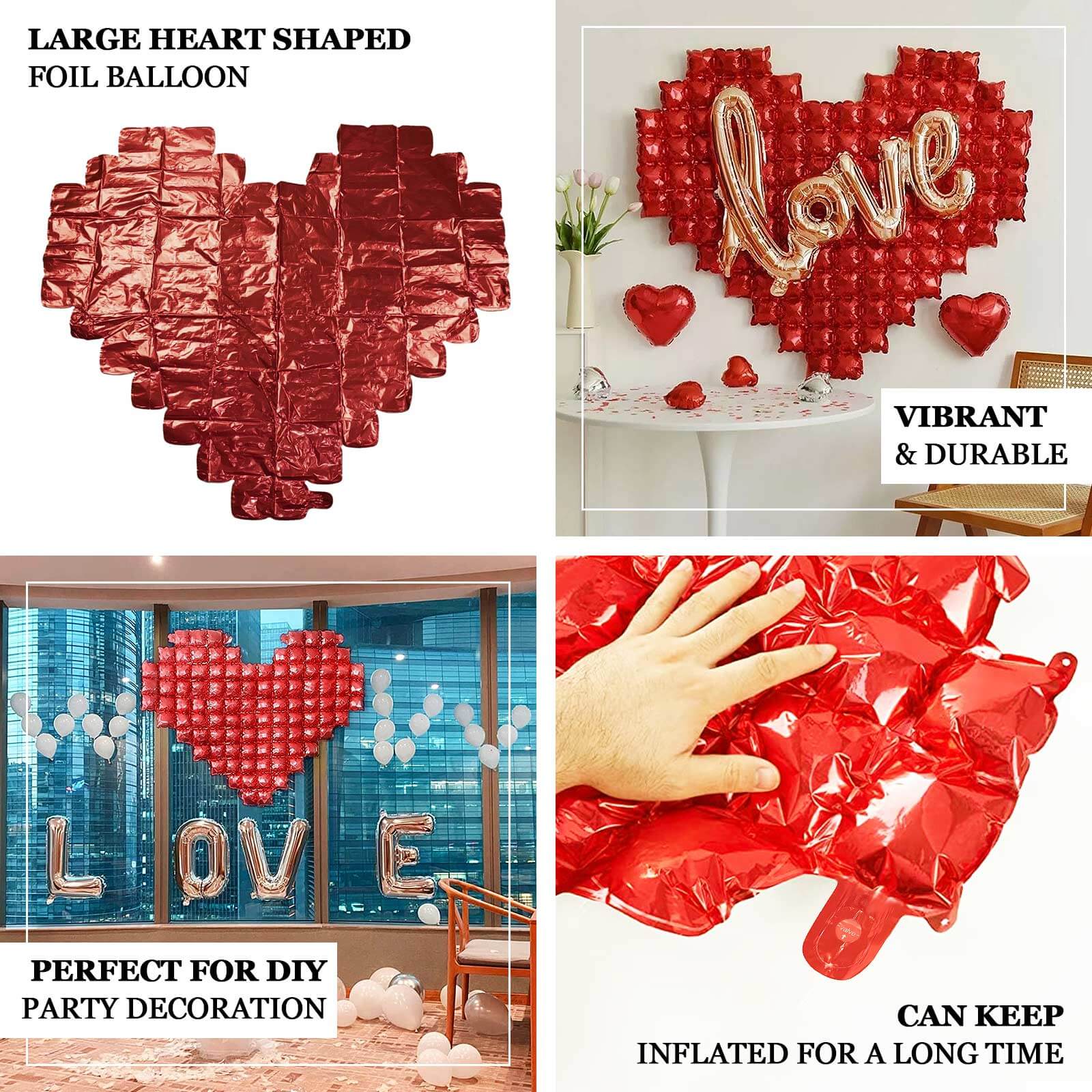 41"x36" Metallic Red Giant Heart Mylar Foil Balloon, Photo Backdrop Balloon Quilt