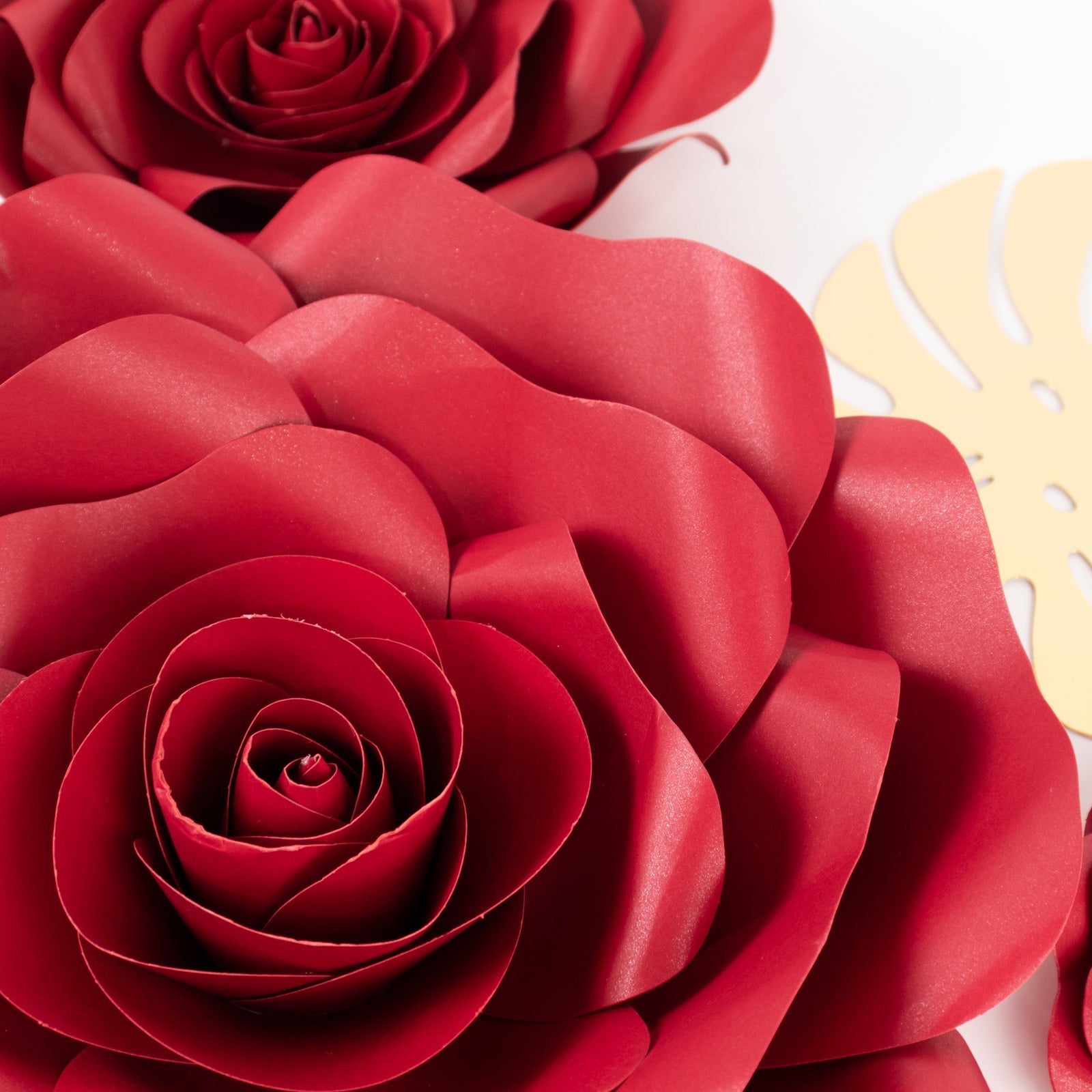 Set of 9 Red 3D Rose Paper Flowers with Gold Tropical Palm Leaves, Party Flower Backdrop Hanging Wall Decor