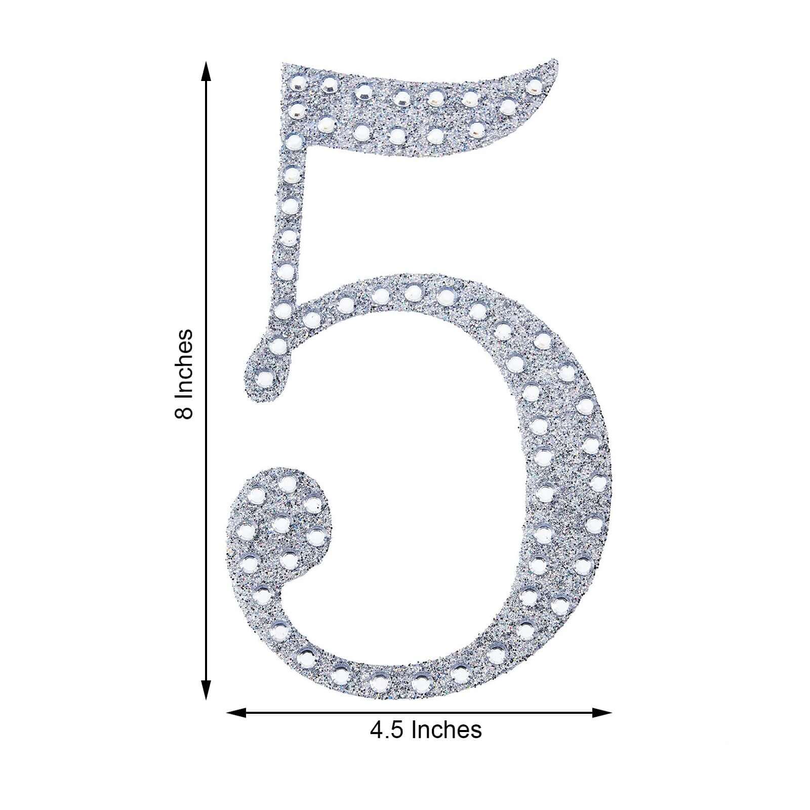 Decorative Rhinestone Number "5" Stickers, Glitter Adhesive Craft Numbers Silver DIY Sparkle Embellishments 8"