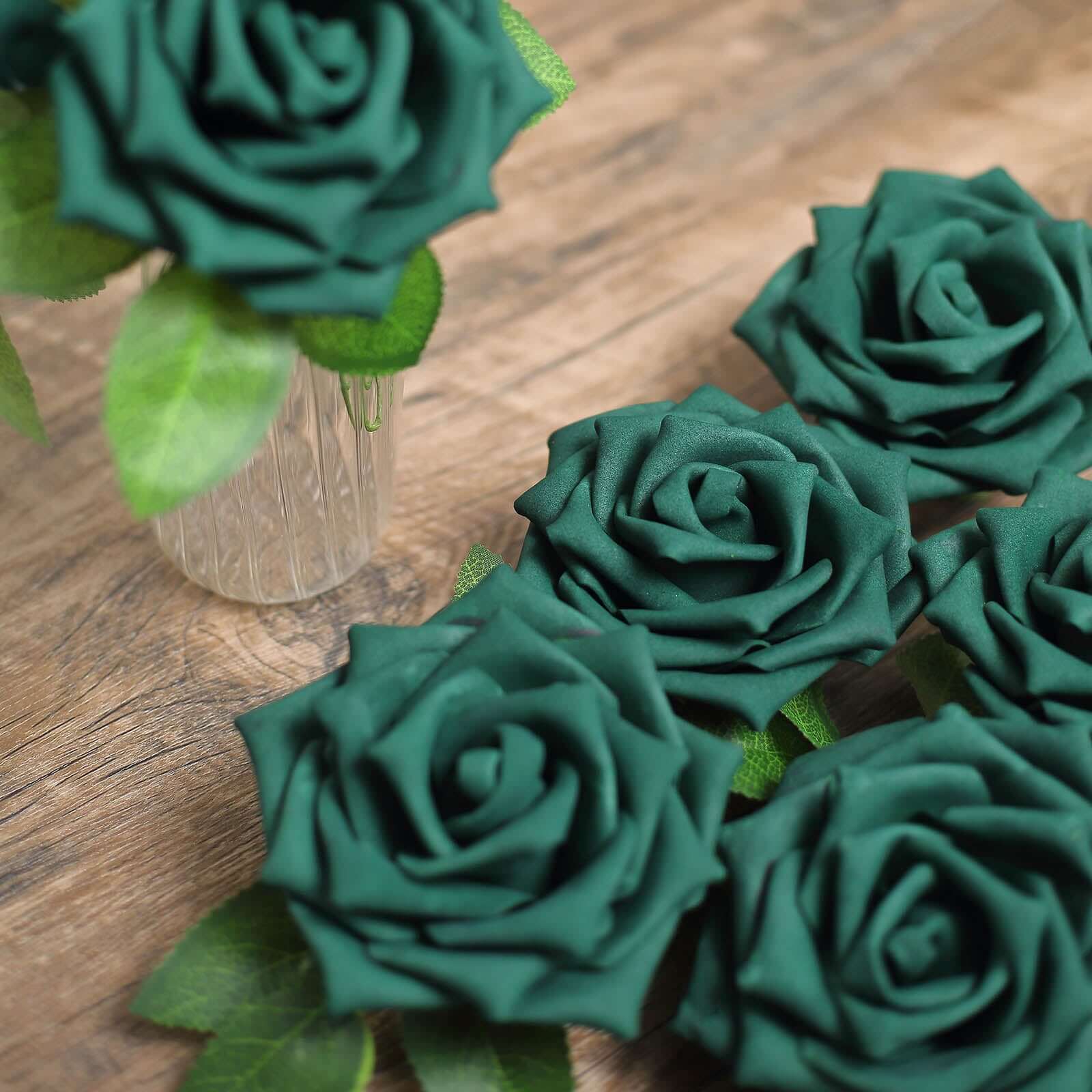 24 Roses 5" Hunter Emerald Green Artificial Foam Flowers With Stem Wire and Leaves
