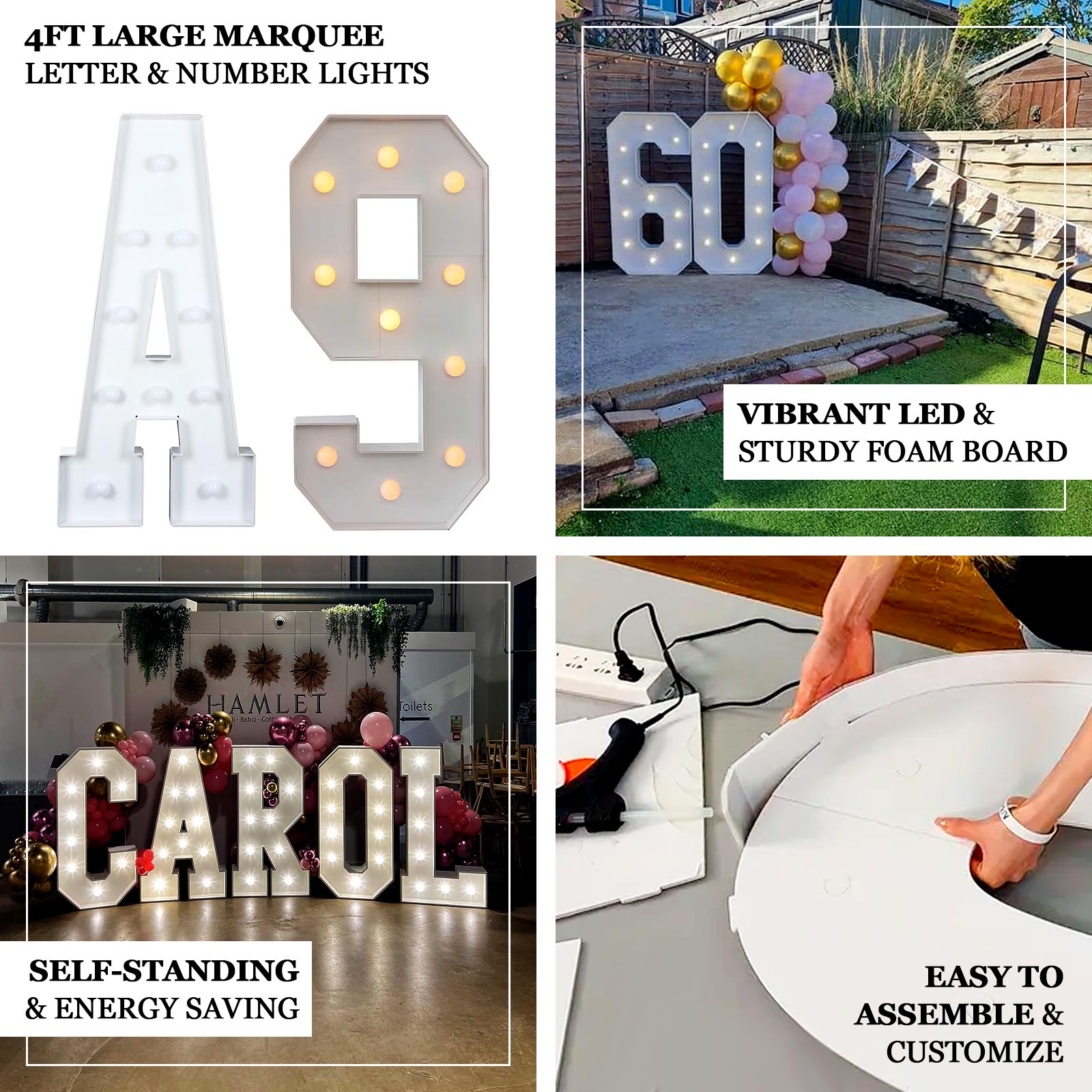 Giant LED Marquee Light Up Number "4", White 4ft Pre-Cut Foam Board with 10 Warm White Battery Operated LEDs, Glue Gun and Sticks