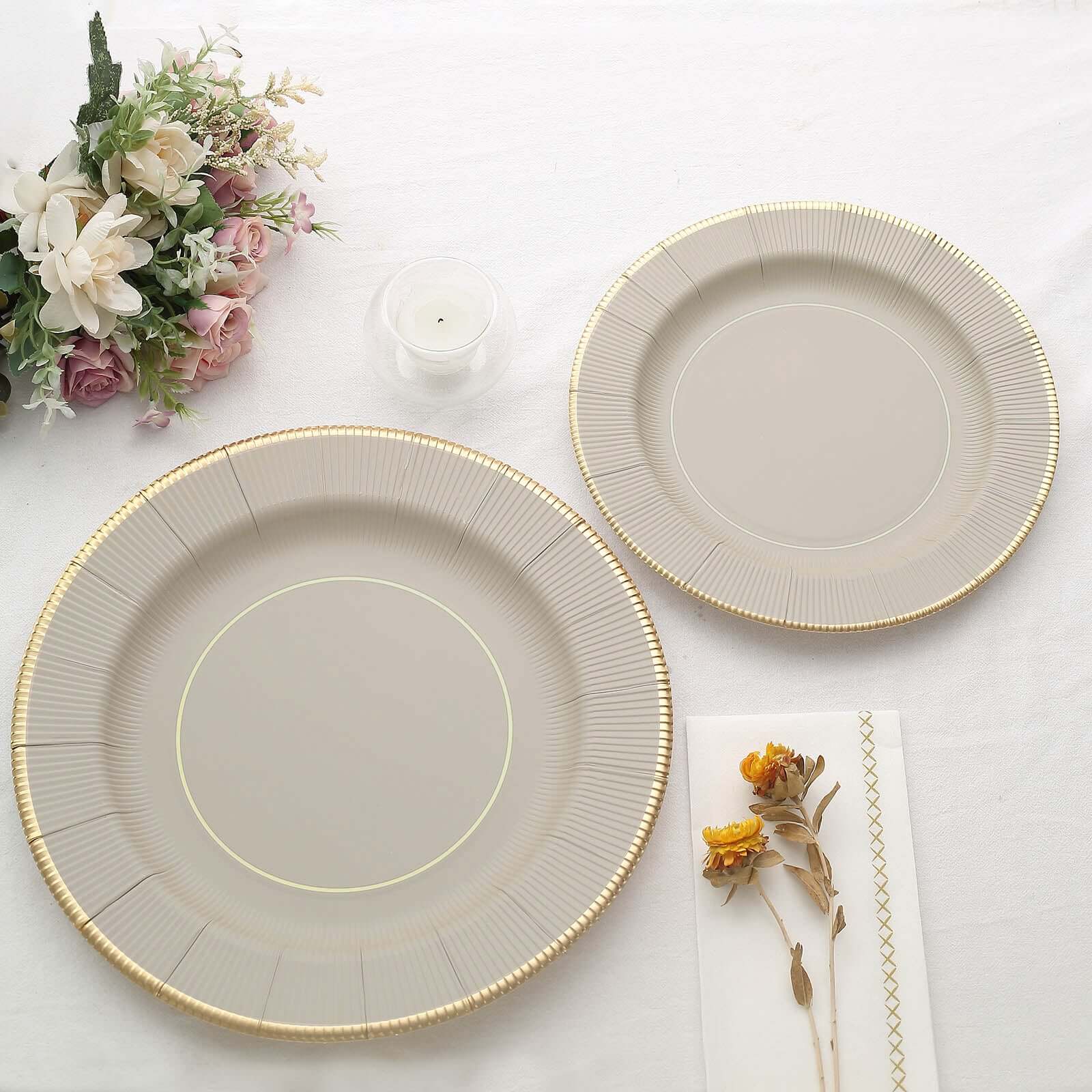 25-Pack Paper 10" Round Dinner Plates in Taupe Sunray Design with Gold Rim - Disposable Heavy Duty 350GSM Party Plates
