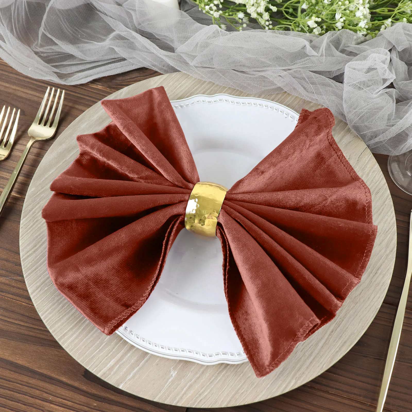 5 Pack Premium Velvet 20"x20" Napkins Terracotta (Rust) - Soft Sheen Finish Cloth Napkins