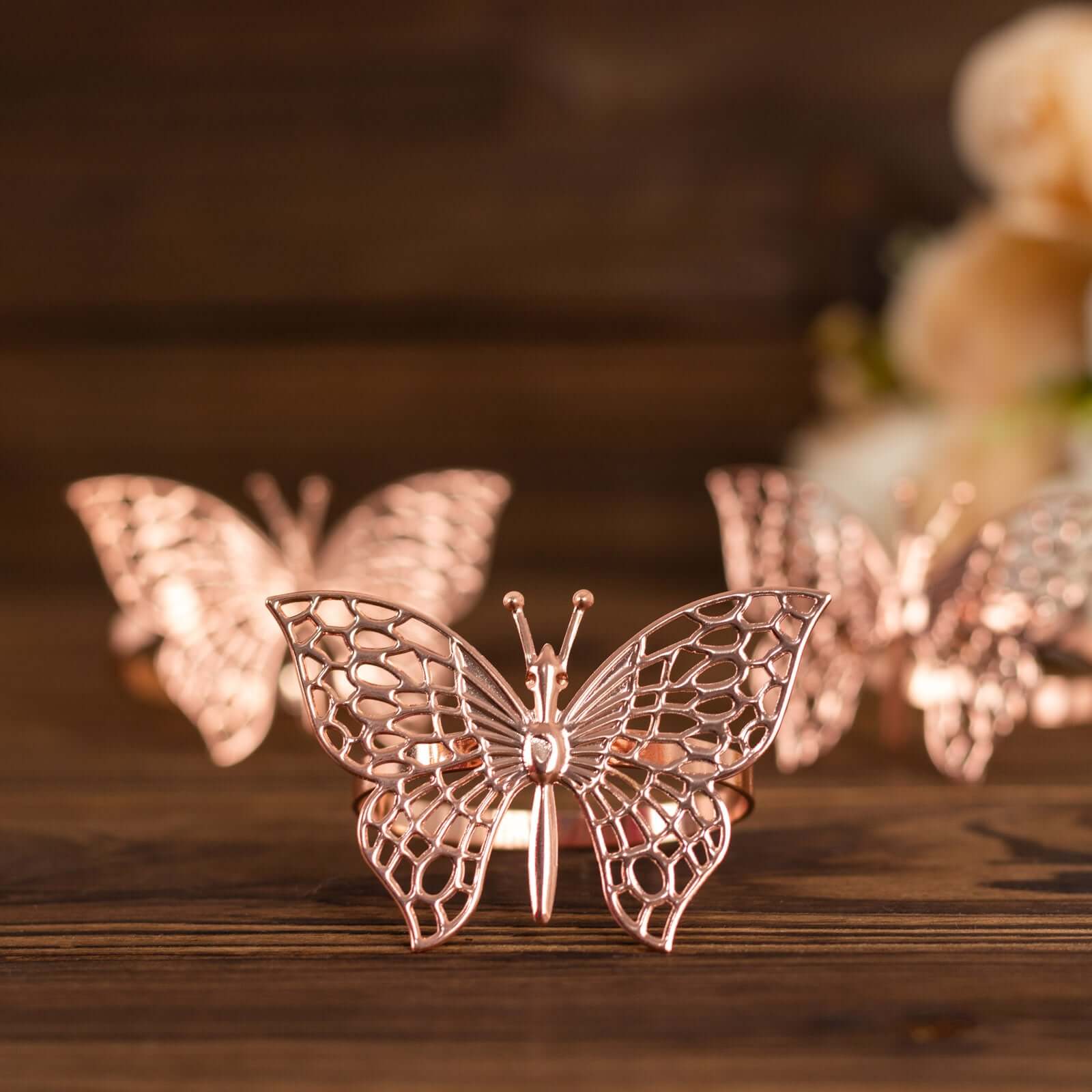 4 Pack Rose Gold Metal Butterfly Napkin Rings, Decorative Laser Cut Cloth Napkin Holders