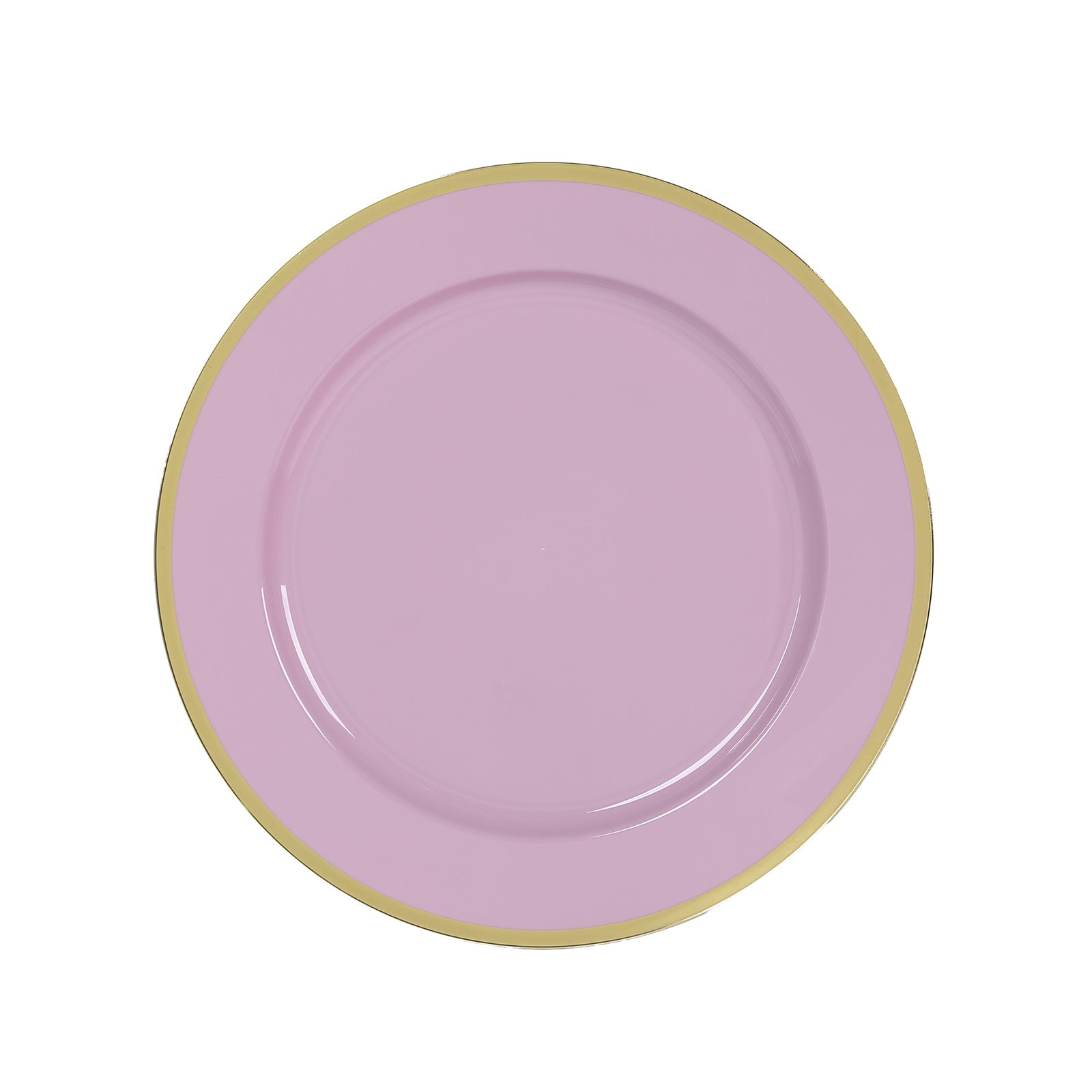 10-Pack Economy Plastic Round Charger Plates 12" in Lavender Lilac with Wide Gold Rim, Decorative Dinner Party Serving Plates