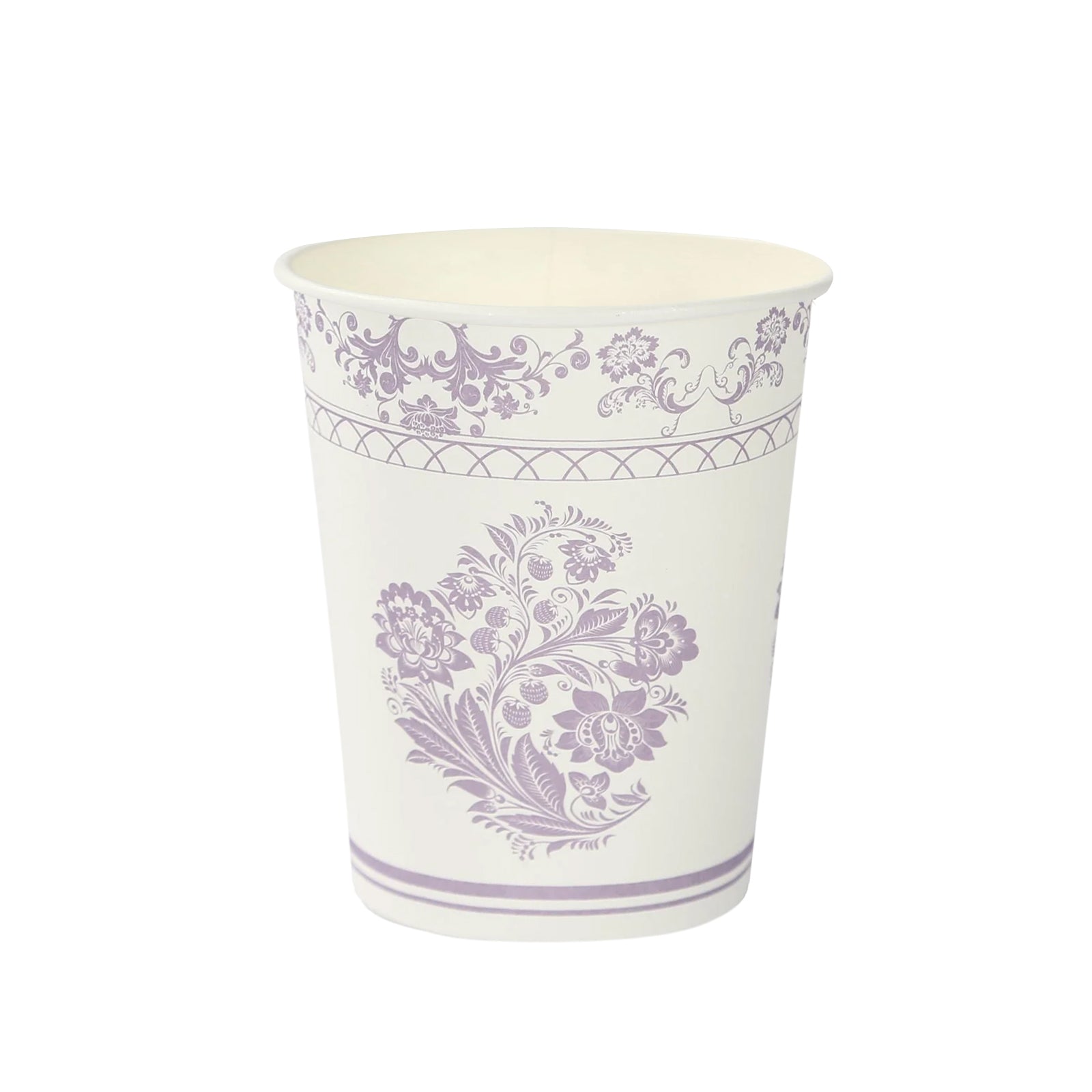 24 Pack Disposable Paper Cups in White Lavender Damask Floral Pattern, Elegant Party Cups - 9oz