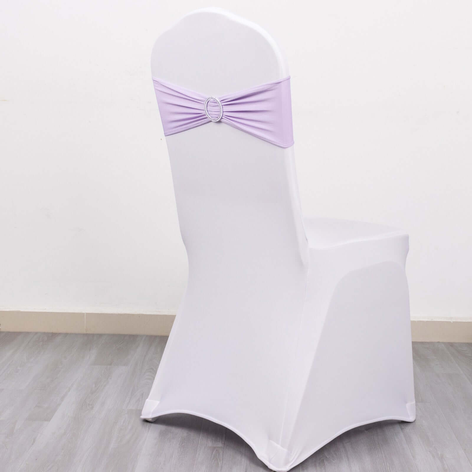 5 Pack Stretch Spandex Chair Sashes Lavender Lilac - Reusable Chair Bands with Silver Diamond Ring Slide Buckle 5"x14"