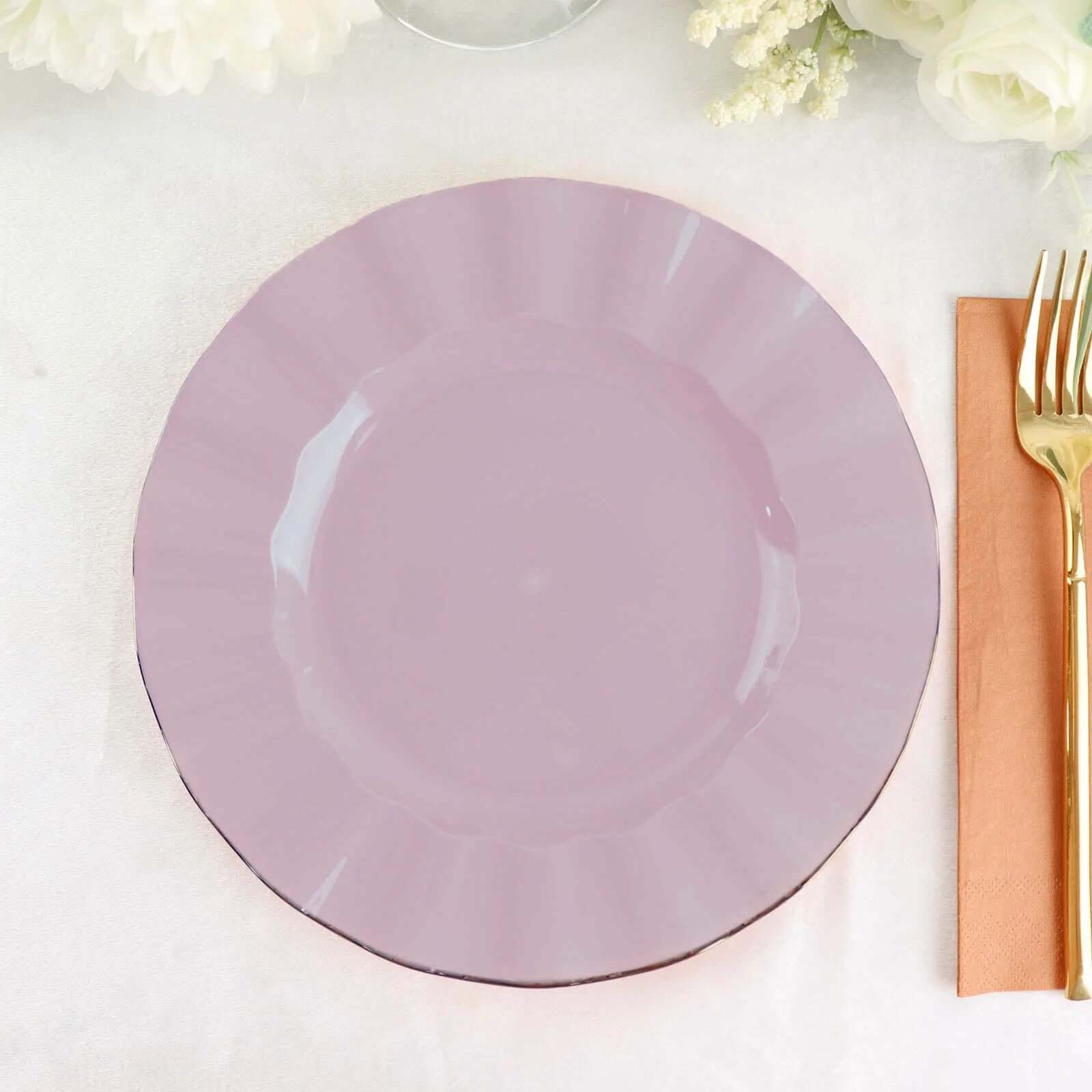 10-Pack Plastic 9" Round Dinner Plates in Lavender Lilac Ruffled Rim with Gold Edging - Sturdy Disposable Dinnerware
