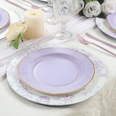 25-Pack Paper 10" Round Dinner Plates in Lavender Lilac Sunray Design with Gold Rim - Disposable Heavy Duty 350GSM Party Plates