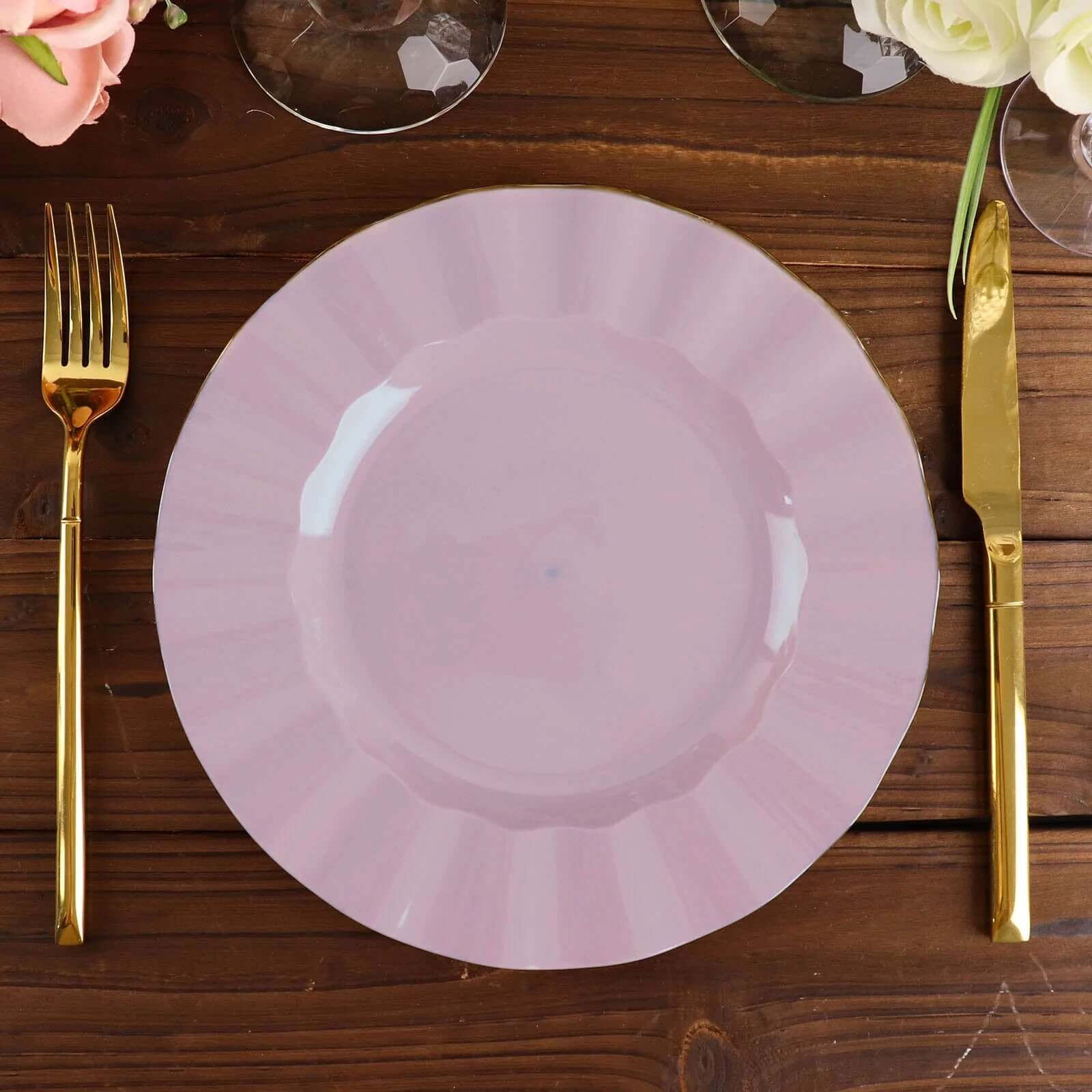 10-Pack Plastic 9" Round Dinner Plates in Lavender Lilac Ruffled Rim with Gold Edging - Sturdy Disposable Dinnerware