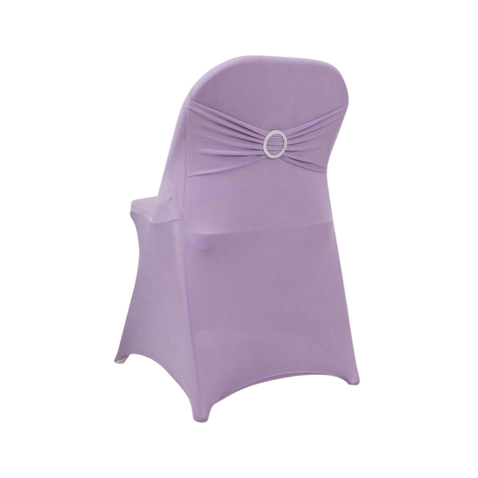 Stretch Spandex Chair Cover Lavender Lilac for Folding Chairs - Secure Fit Slipcover with Silver Rhinestone Buckled Sash Band