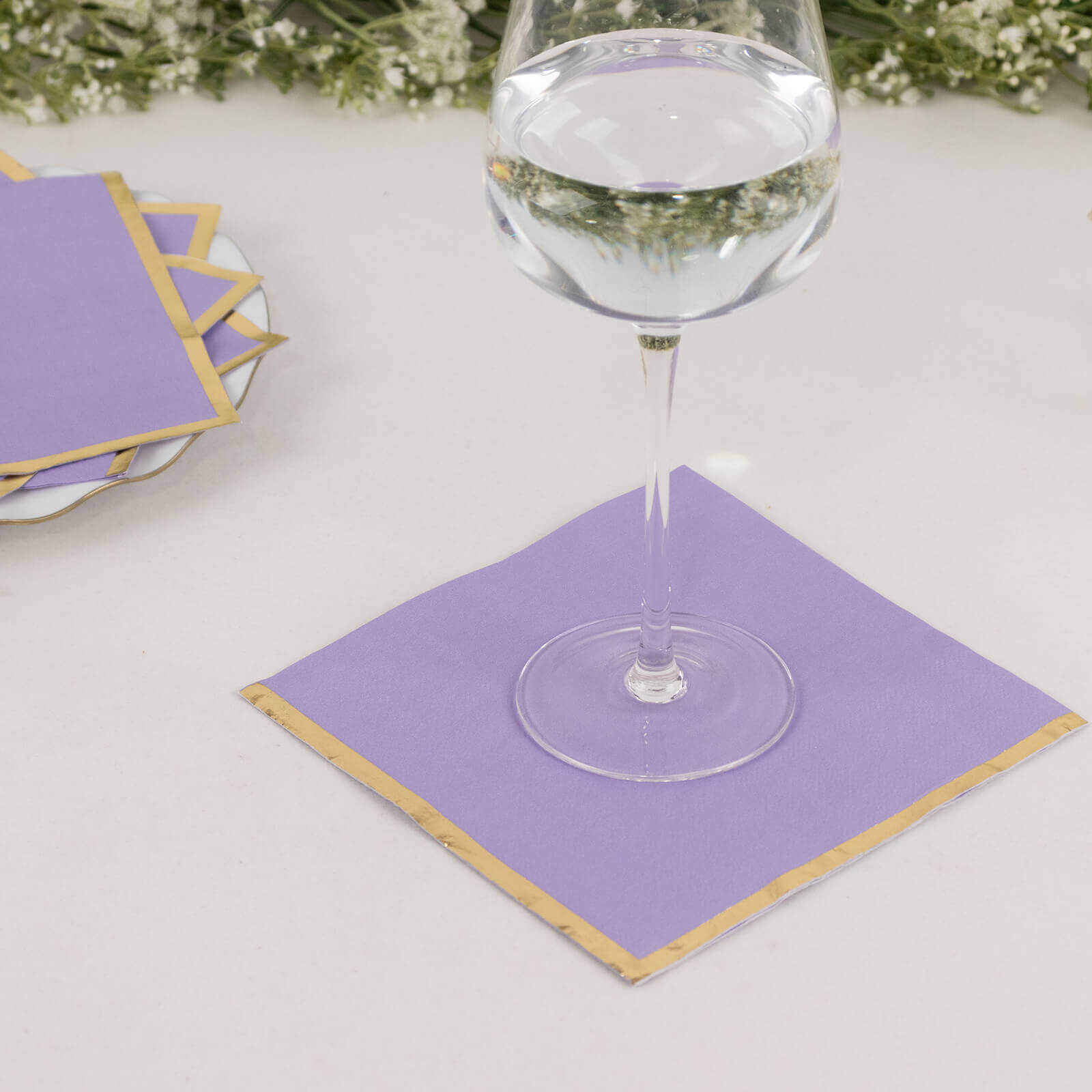 50-Pack Paper Beverage Napkins with Gold Foil Edge Lavender - Disposable 2 Ply Cocktail Napkins for Events 6.5"x6.5"