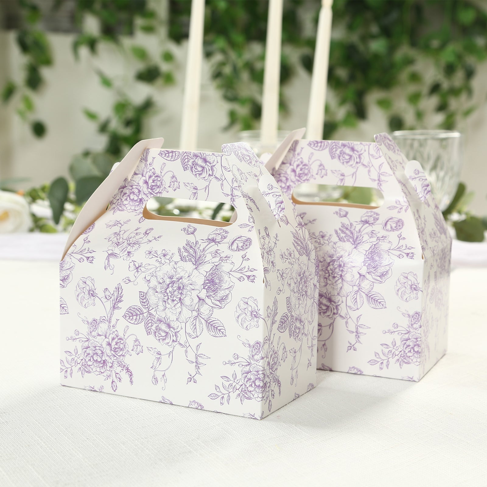 25 Pack Candy Treat Tote Boxes in French Toile Pattern - Matte Lavender and White Party Favor Gable Boxes, Cardstock Paper - 6"x3.5"x7"