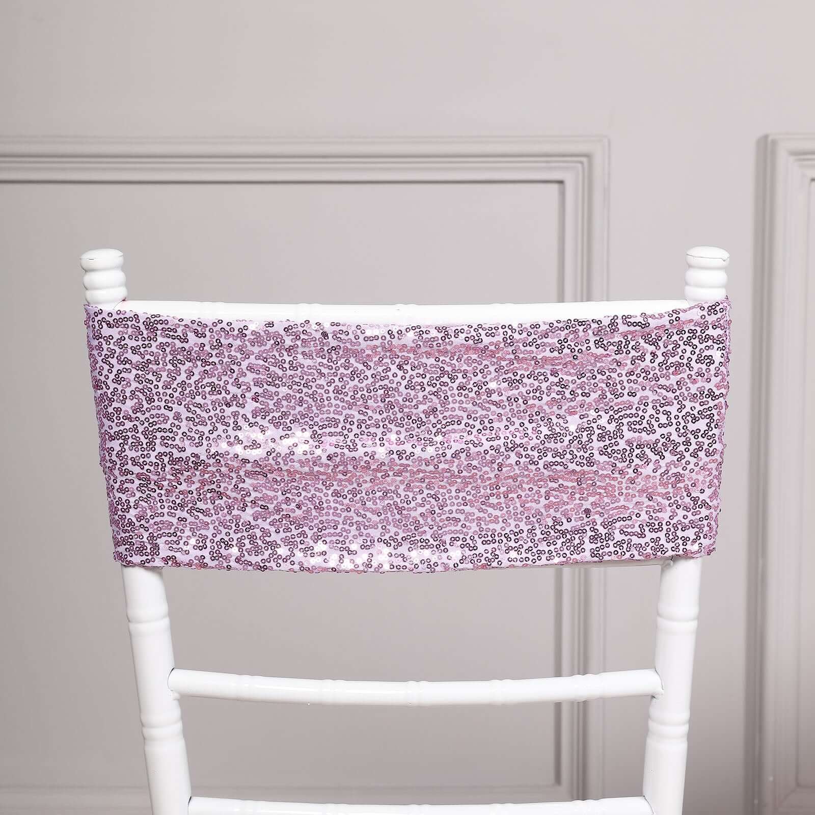 5 Pack Sequin Spandex Chair Sashes Lavender Lilac - Stretch Chair Bands 6"x15"
