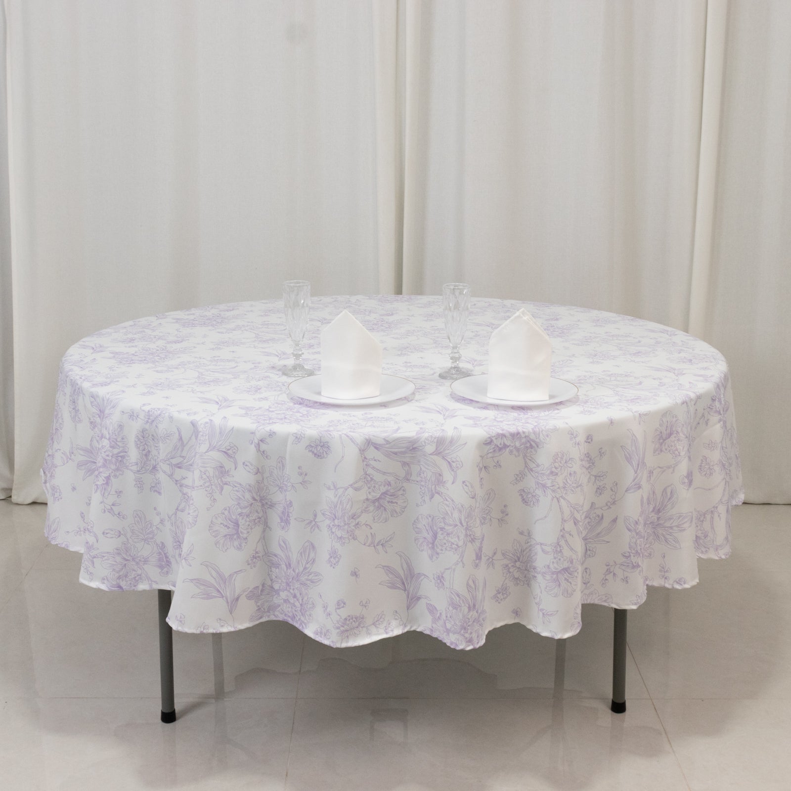 Polyester 90" Round Tablecloth White - Lavender Lilac French Toile Pattern for Chic Weddings