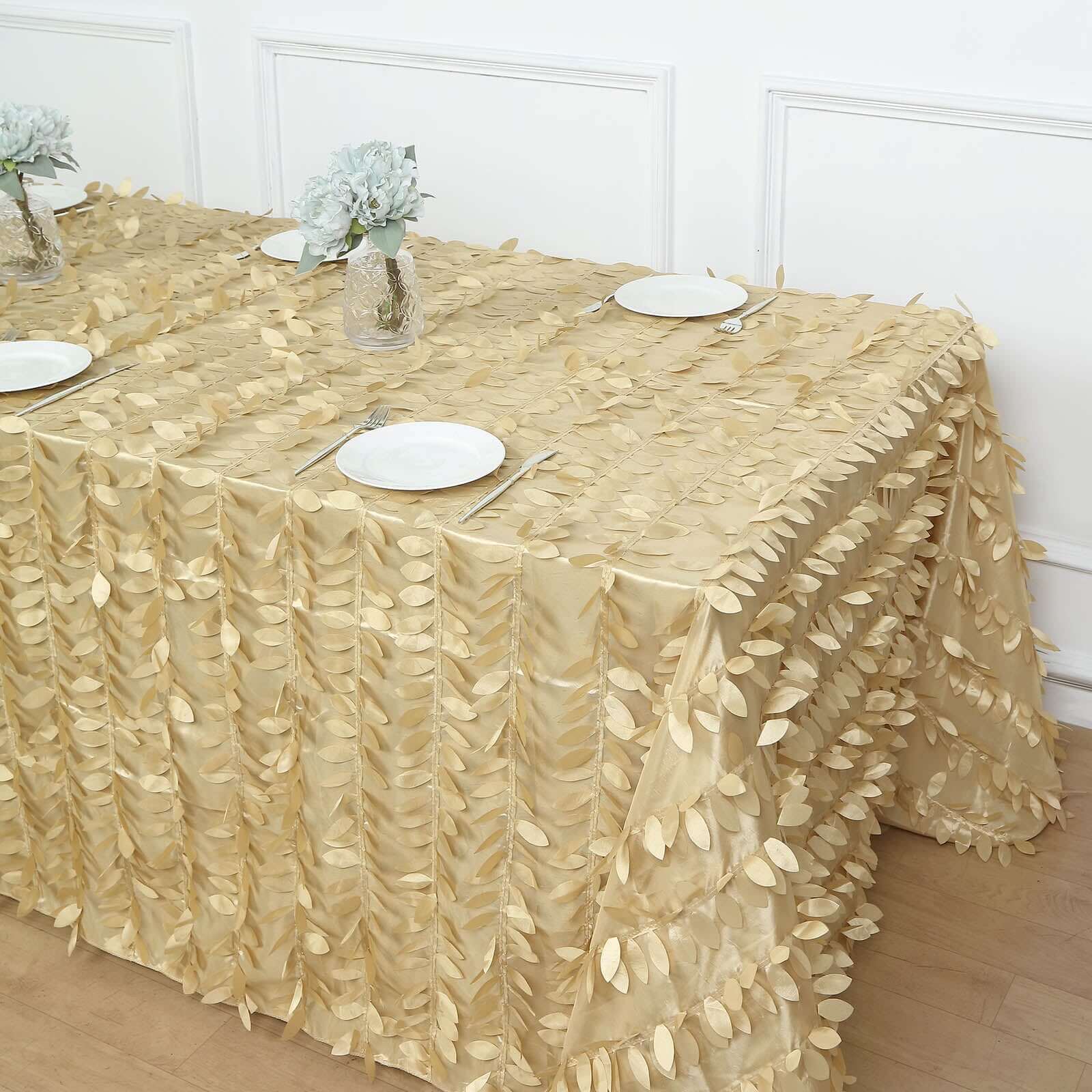 Taffeta 90"x132" Rectangle Tablecloth Champagne | 3D Leaf Petal Design Seamless Table Cover