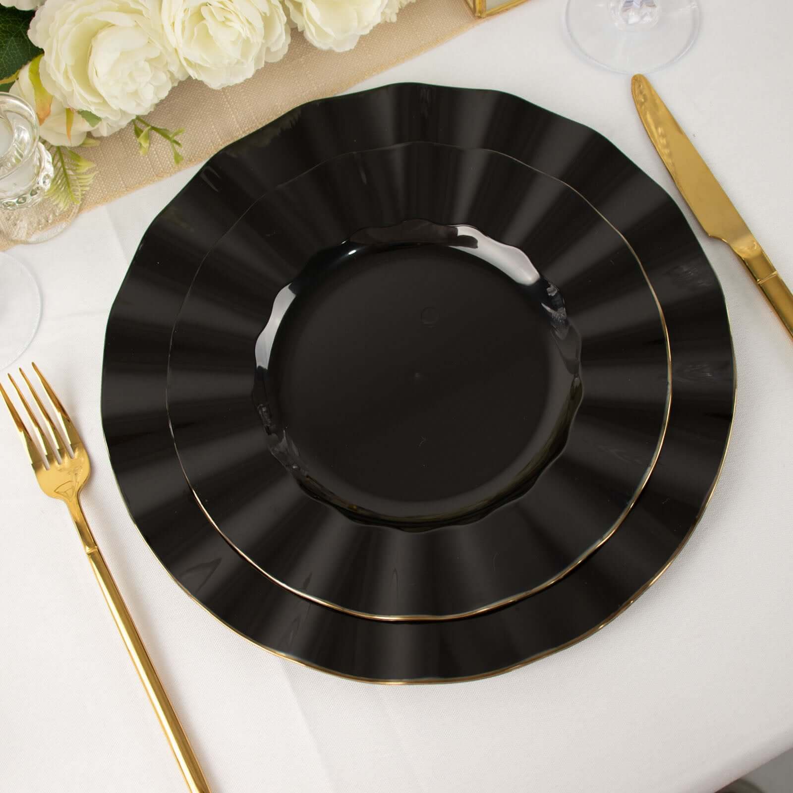 10-Pack Plastic 9" Round Dinner Plates in Black Ruffled Rim with Gold Edging - Sturdy Disposable Dinnerware