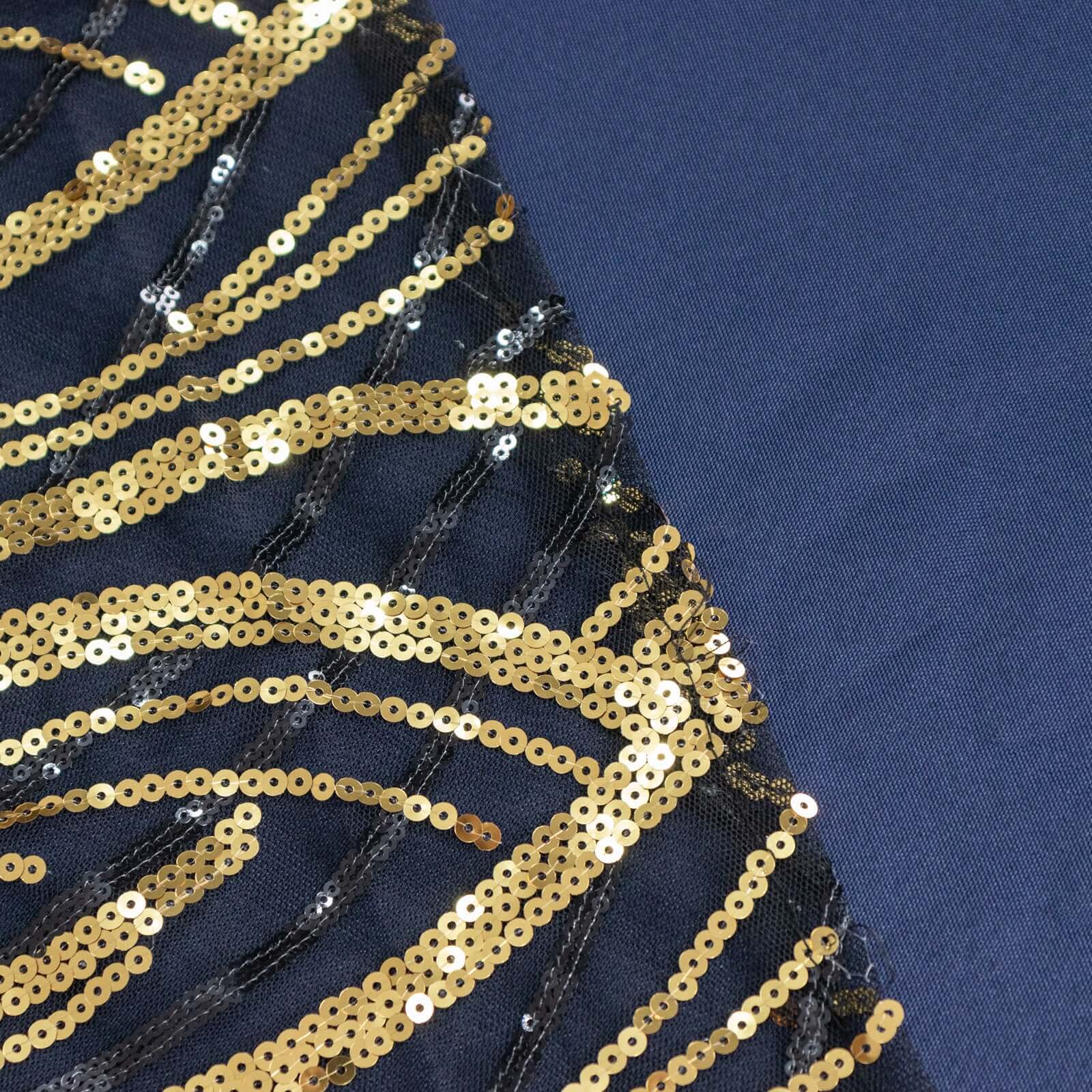 Mesh 90"x156" Rectangle Tablecloth Black/Gold - Wave Sequin Embroidered Table Cover