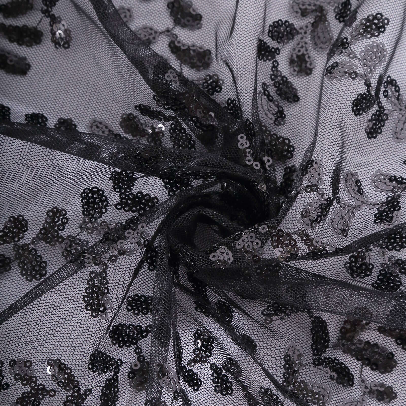 Tulle 120" Round Tablecloth Black - Seamless Sequin Leaf Embroidered Table Cover