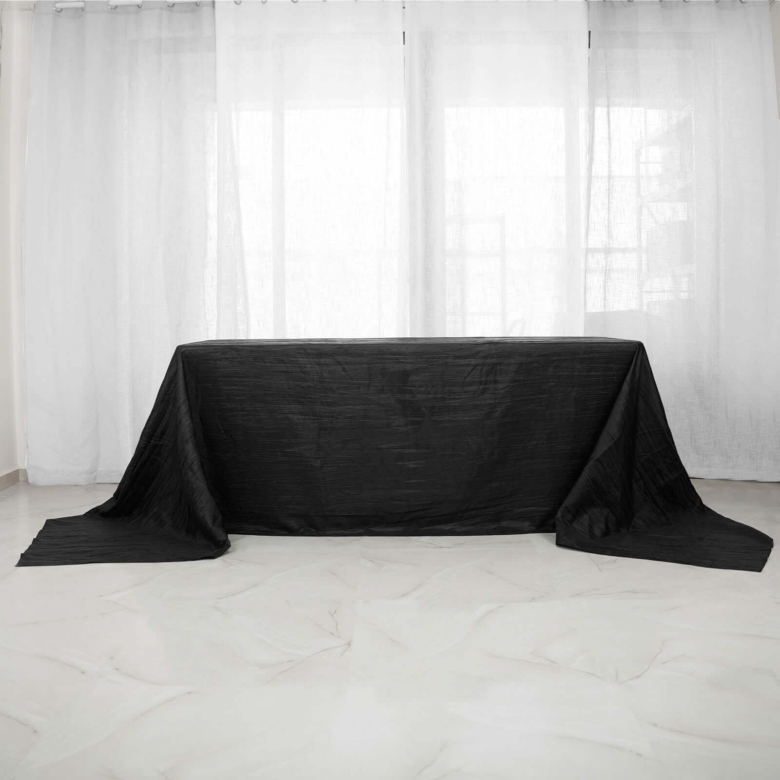 Taffeta 90"x156" Rectangle Tablecloth Black - Accordion Crinkle Seamless Table Cover