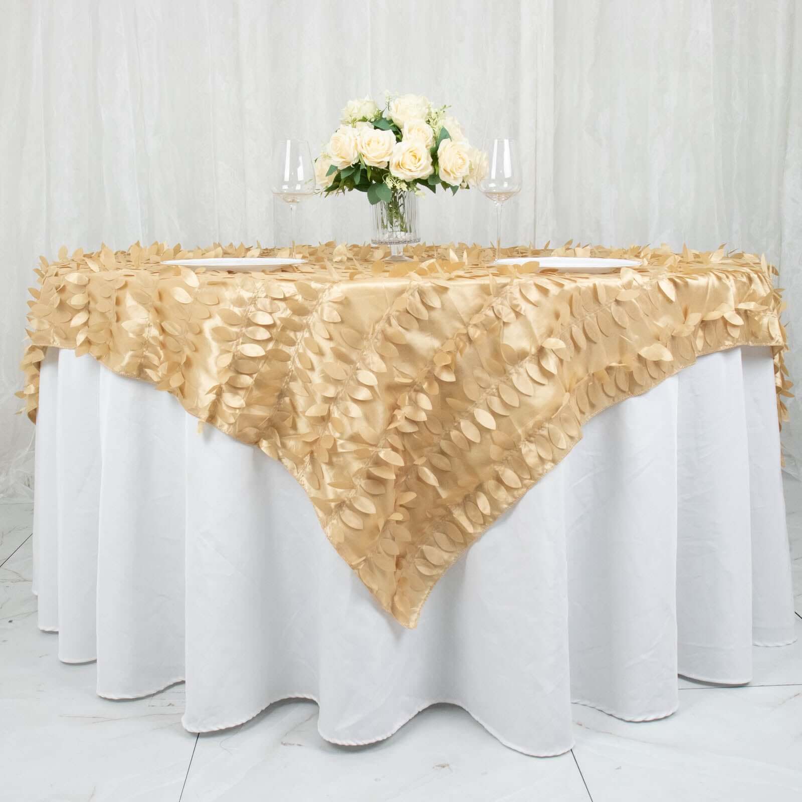 Taffeta 72"x72" Table Overlay Square Tablecloth Champagne - 3D Leaf Petal Table Cover