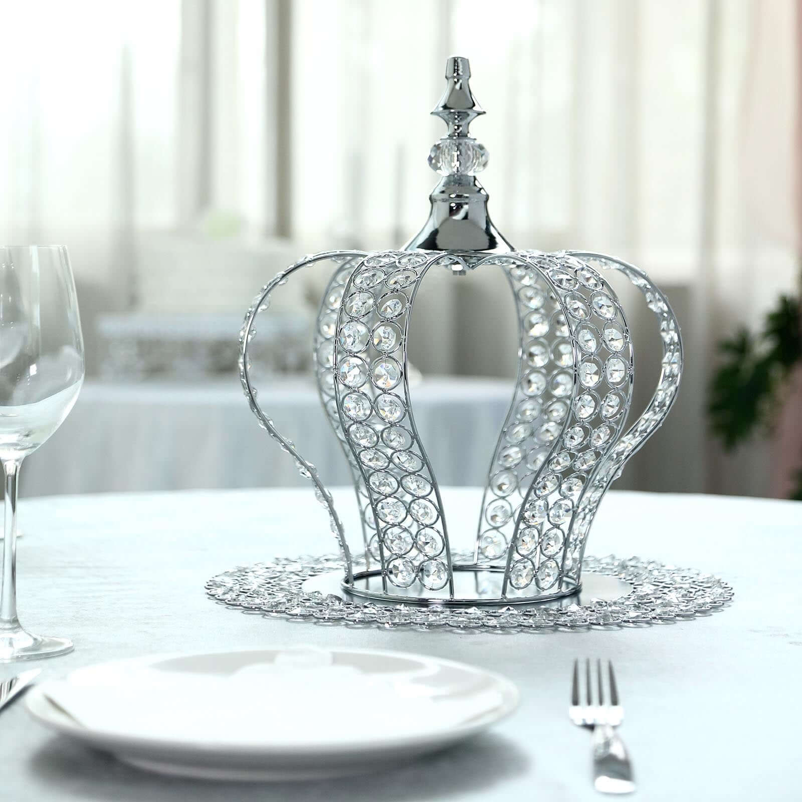 Crystal-Bead Royal Crown Cake Topper Metallic Silver - Dazzling Cake Centerpiece Decor for Luxurious Birthdays Receptions & Romantic Celebrations 14"