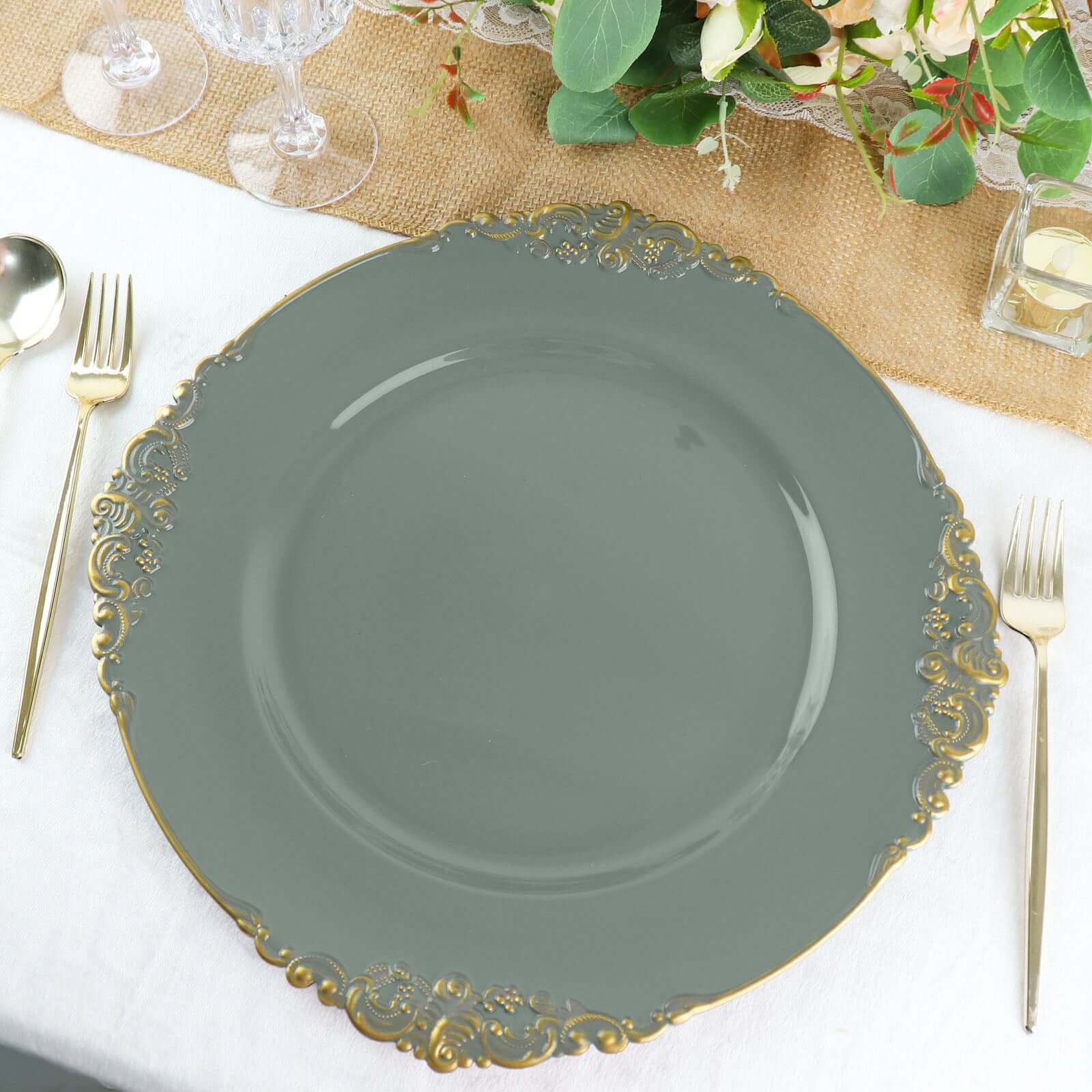 6-Pack Acrylic Round Charger Plates 13" in Olive Green with Gold Embossed Baroque Rim, Antique Decorative Dinner Party Charger Tableware
