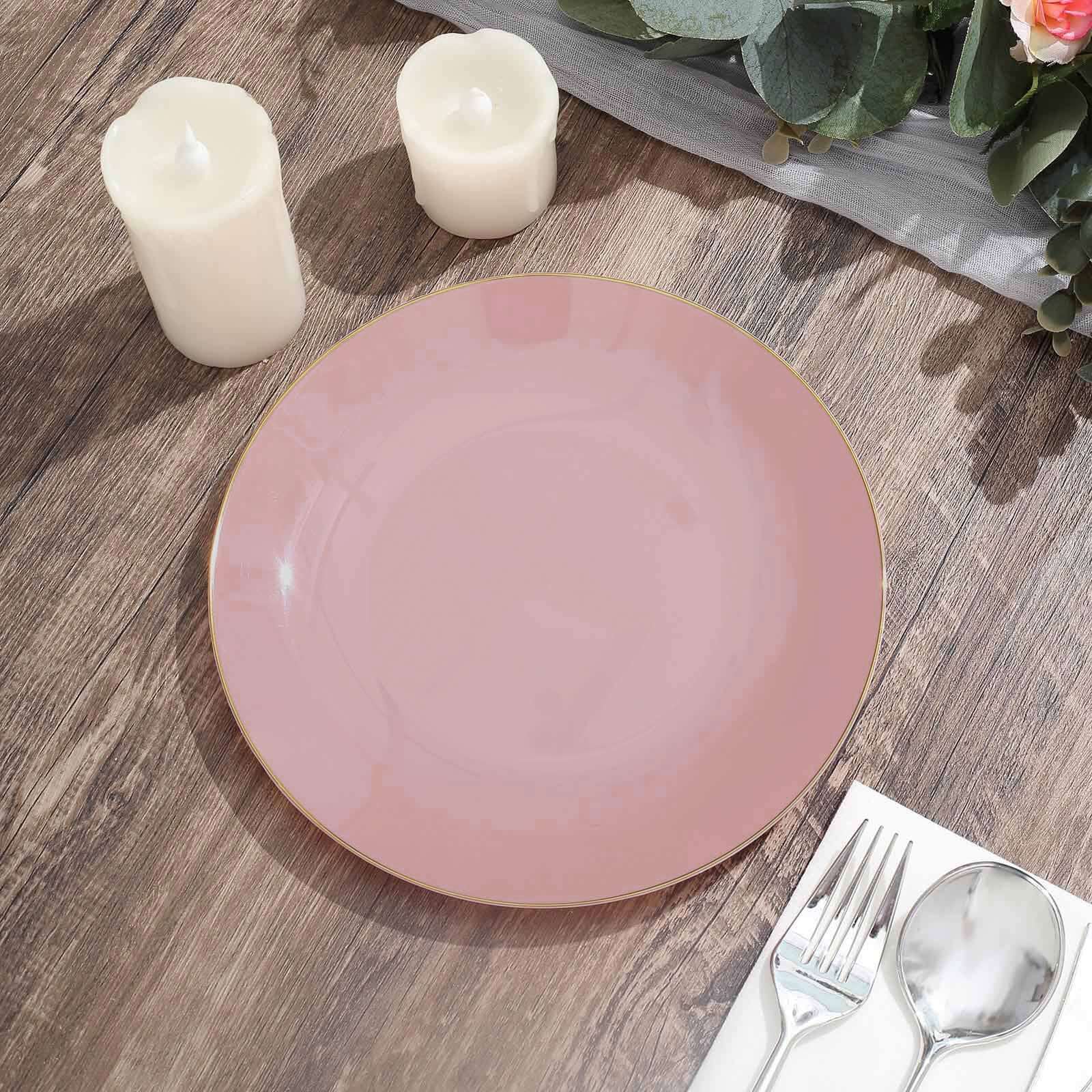 10-Pack Plastic 8" Round Dessert Plates in Dusty Rose with Gold Rim - Glossy Disposable Appetizer Salad Plates