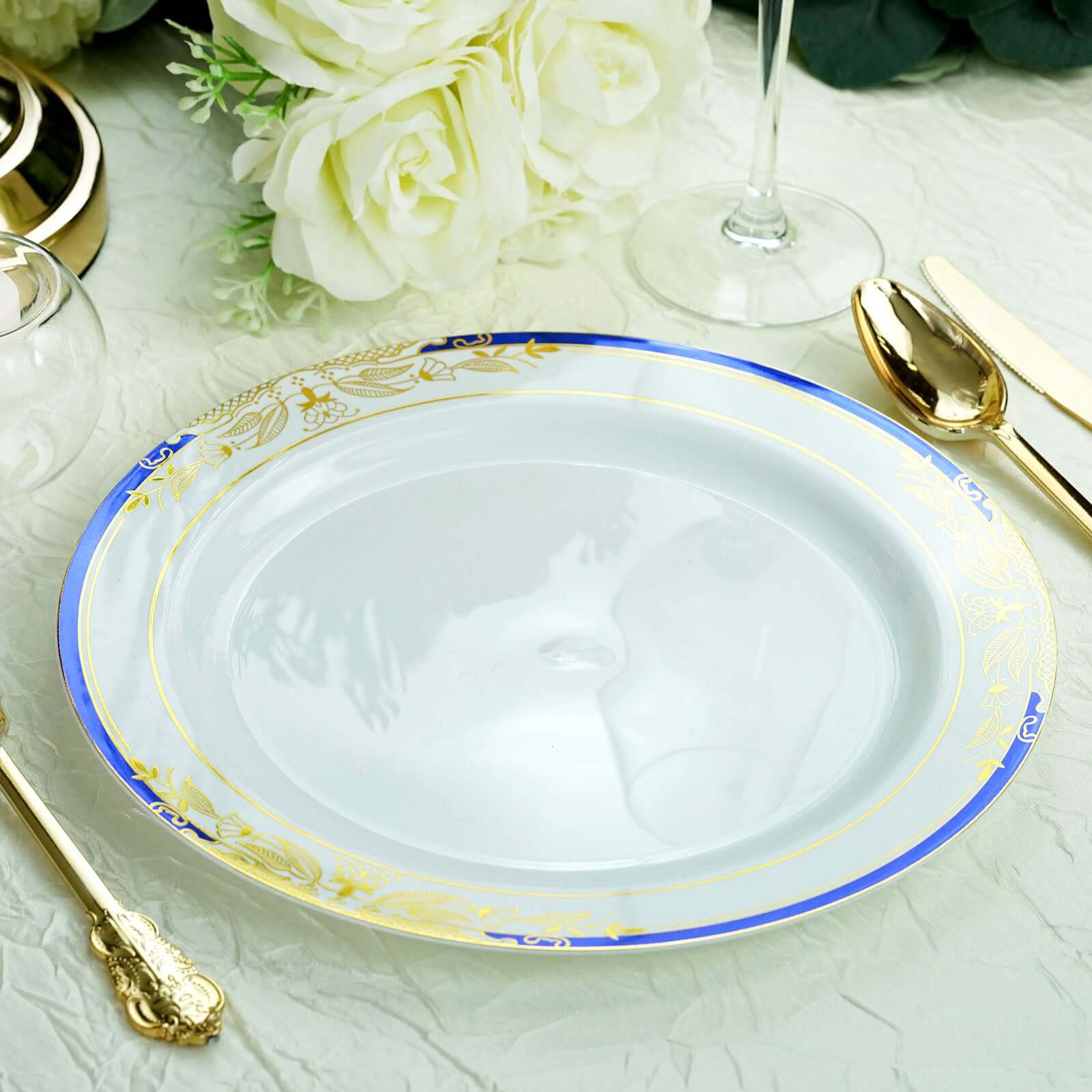 10-Pack Plastic 10" Round Dinner Plates in White with Royal Blue Rim - Stylish Gold Vine Design Disposable Party Plates for Special Occasions & Celebrations