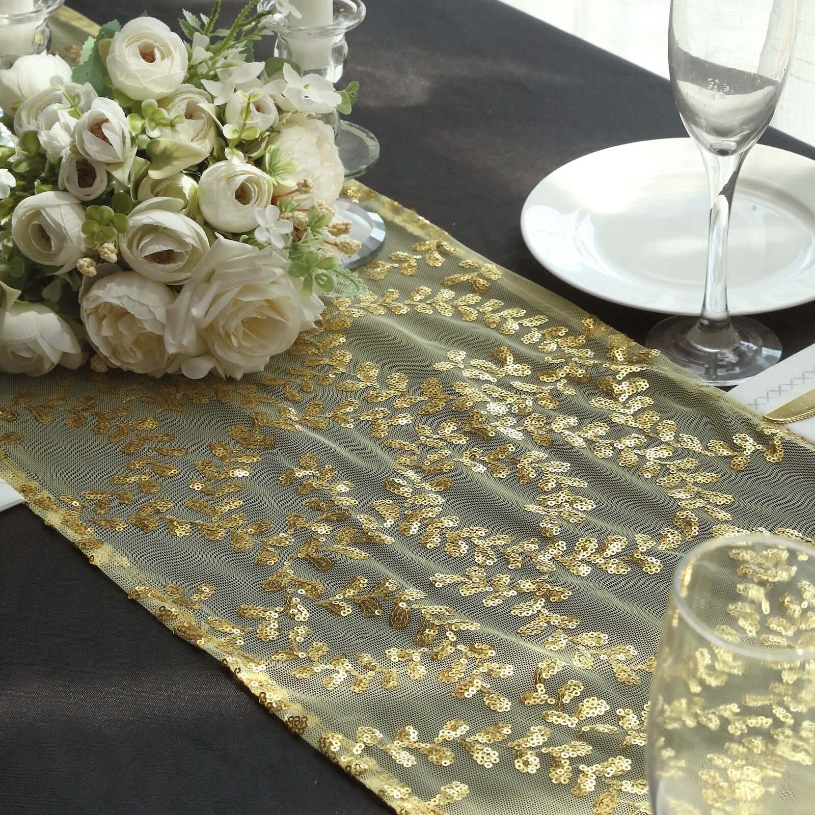 Mesh 12"x108" Table Runner Gold - Leaf Vine Sequin Embroidered Design for Sophisticated Occasion