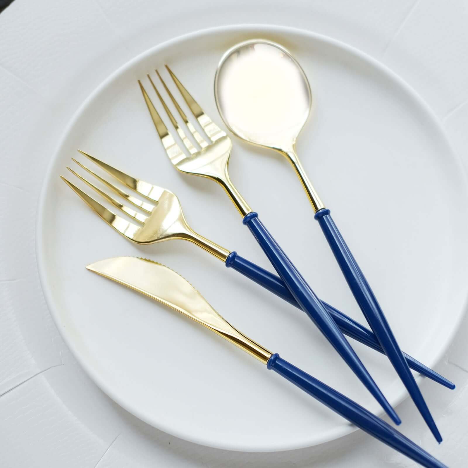 24-Pack Plastic Flatware Set in Metallic Gold with Royal Blue Handle - Heavy Duty Disposable Modern Silverware 8"
