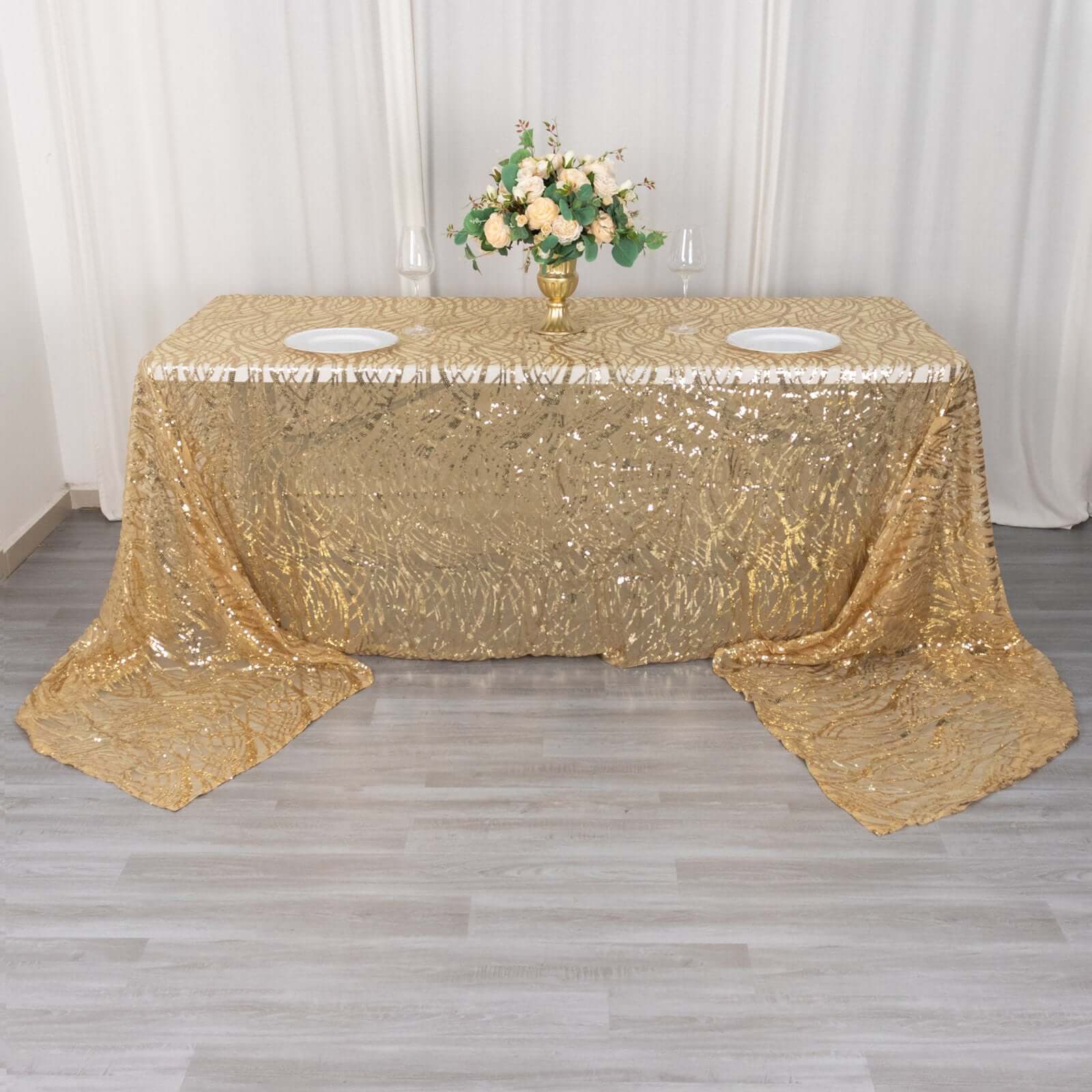 Mesh 90"x156" Rectangle Tablecloth Gold - Wave Sequin Embroidered Design for Refined Occasions