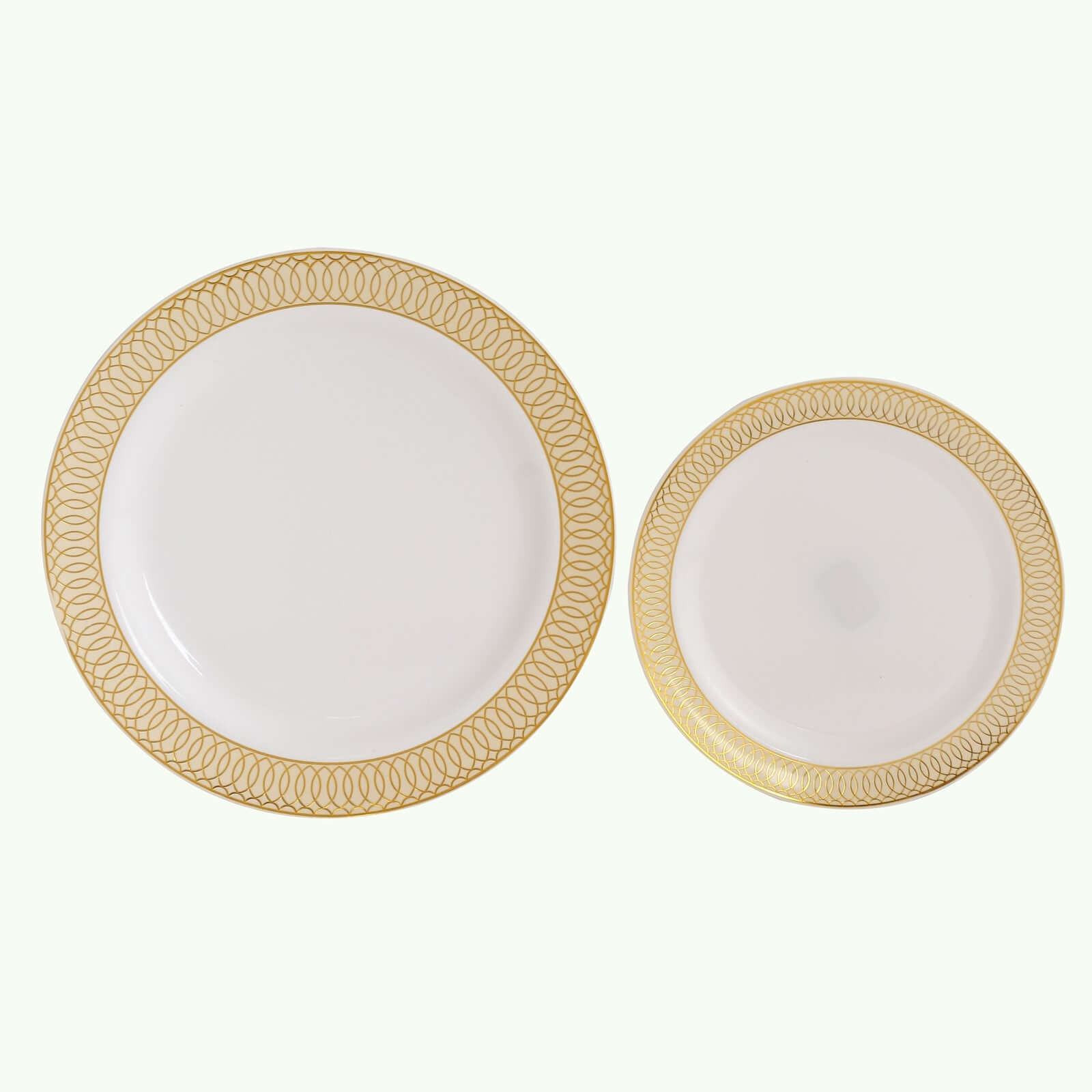 10-Pack Plastic Round Dessert Plates 7" White with Beige Gold Spiral Rim - Disposable Salad Plates
