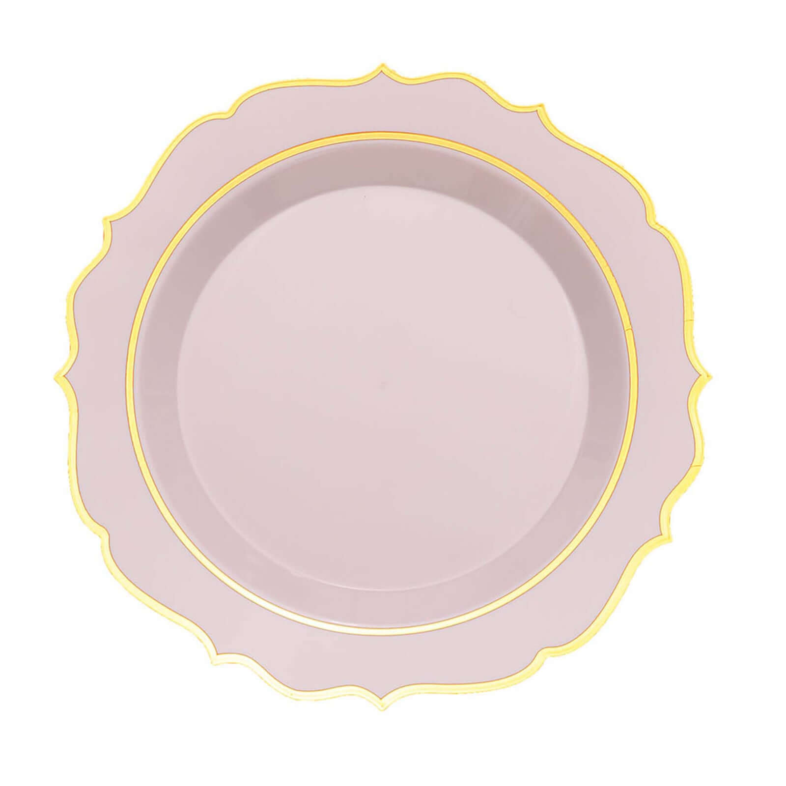 10-Pack Plastic 10" Round Dinner Plates in Blush with Gold Scalloped Rim - Disposable Party Plates