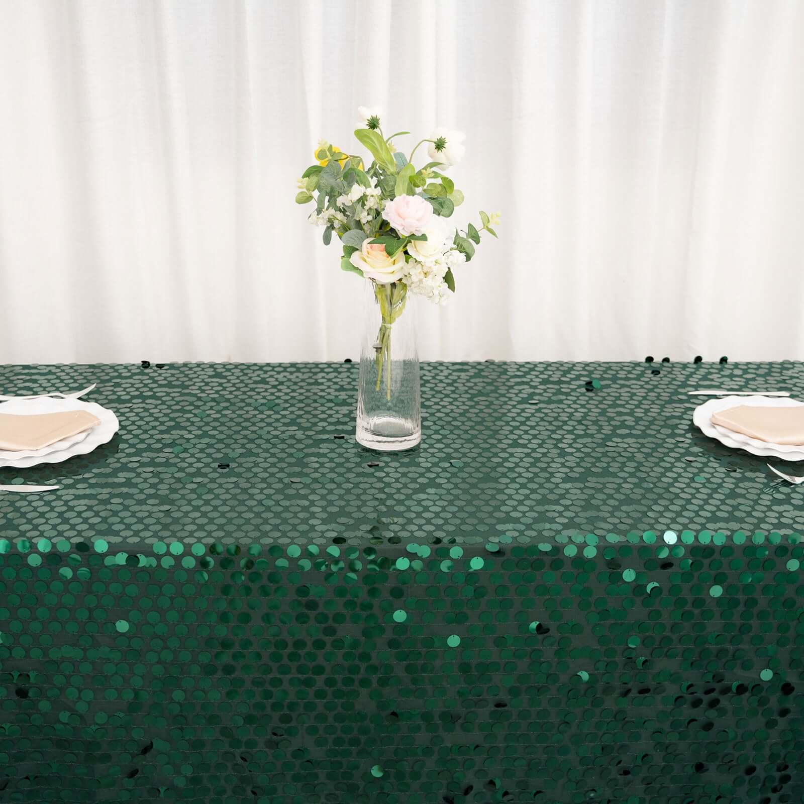 Sequin 90"x132" Rectangle Tablecloth Hunter Emerald Green - Seamless Big Payette Table Cover