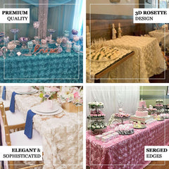 Satin 90"x156" Rectangle Tablecloth Ivory - Grandiose 3D Rosette Table Cover with Seamless Finish