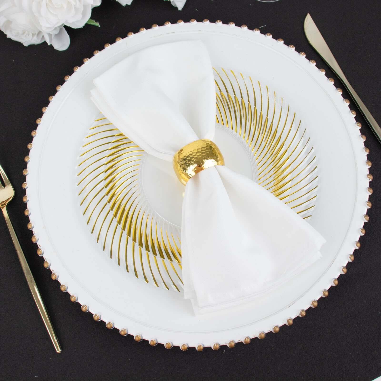 10-Pack Plastic 9" Round Dinner Plates White with Gold Swirl Rim - Disposable Party Plates
