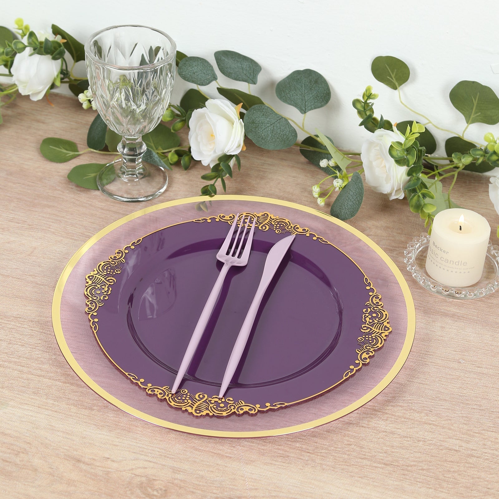 10-Pack Plastic 10" Round Dinner Plates in Purple with Gold Leaf Embossed Rim - Disposable Vintage Baroque Style Plates