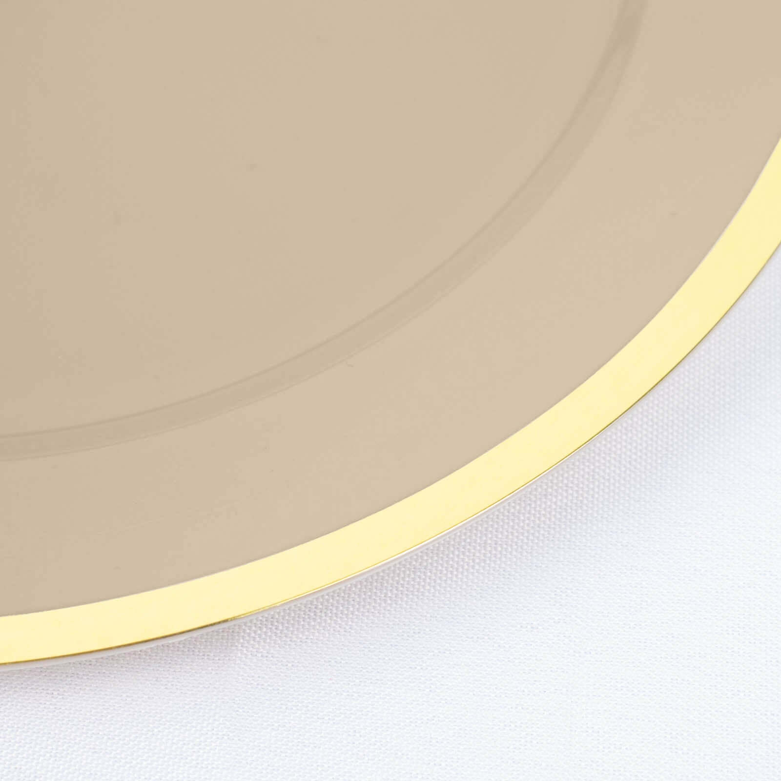 10-Pack Plastic 10" Round Dinner Plates in Taupe with Gold Rim - Disposable Party Plates for Classy Banquets & Special Occasions