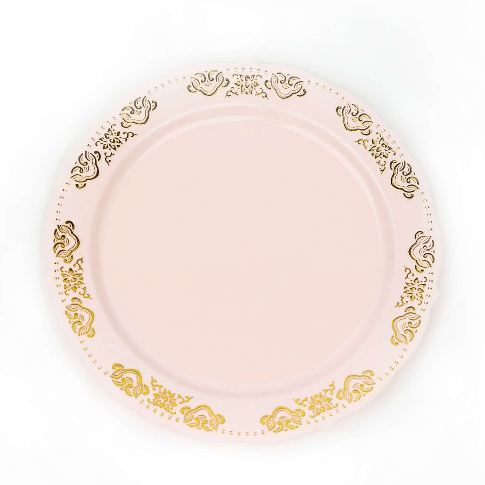 10-Pack Plastic 10" Round Dinner Plates in Blush with Gold Embossed Scalloped Edge - Chic Disposable Party Plates for Special Occasions & Banquets