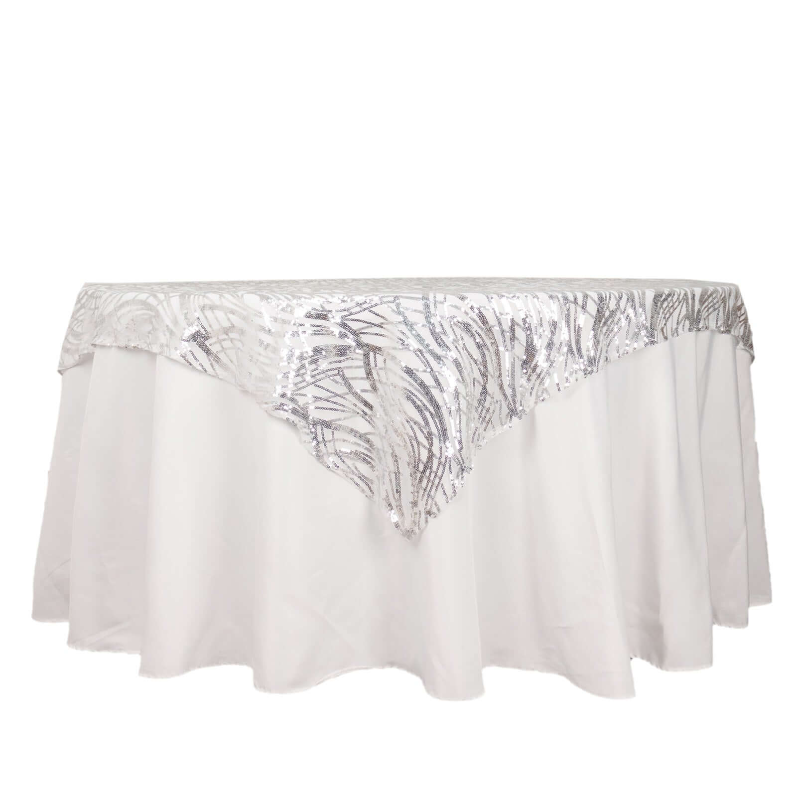 Mesh 72"x72" Table Overlay Square Tablecloth Silver - Wave Embroidered Sequins Table Topper