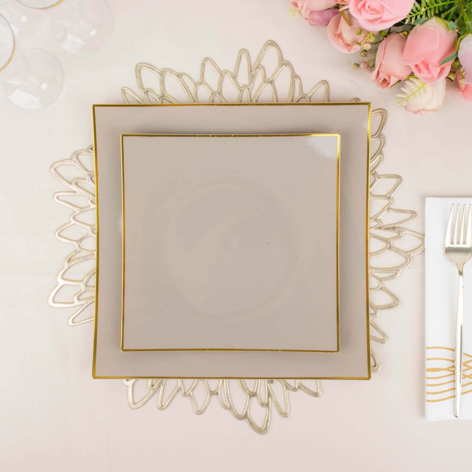 10-Pack Plastic 8" Square Dessert Plates in Taupe Concave Style with Gold Rim - Modern Disposable Salad Appetizer Party Plates