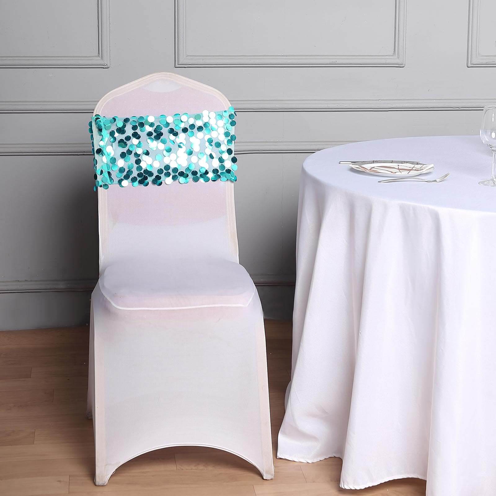 5 Pack Big Payette Sequin 13"x10" Chair Sash Bands Turquoise - Stylish Glittering Decor for Weddings & Gatherings